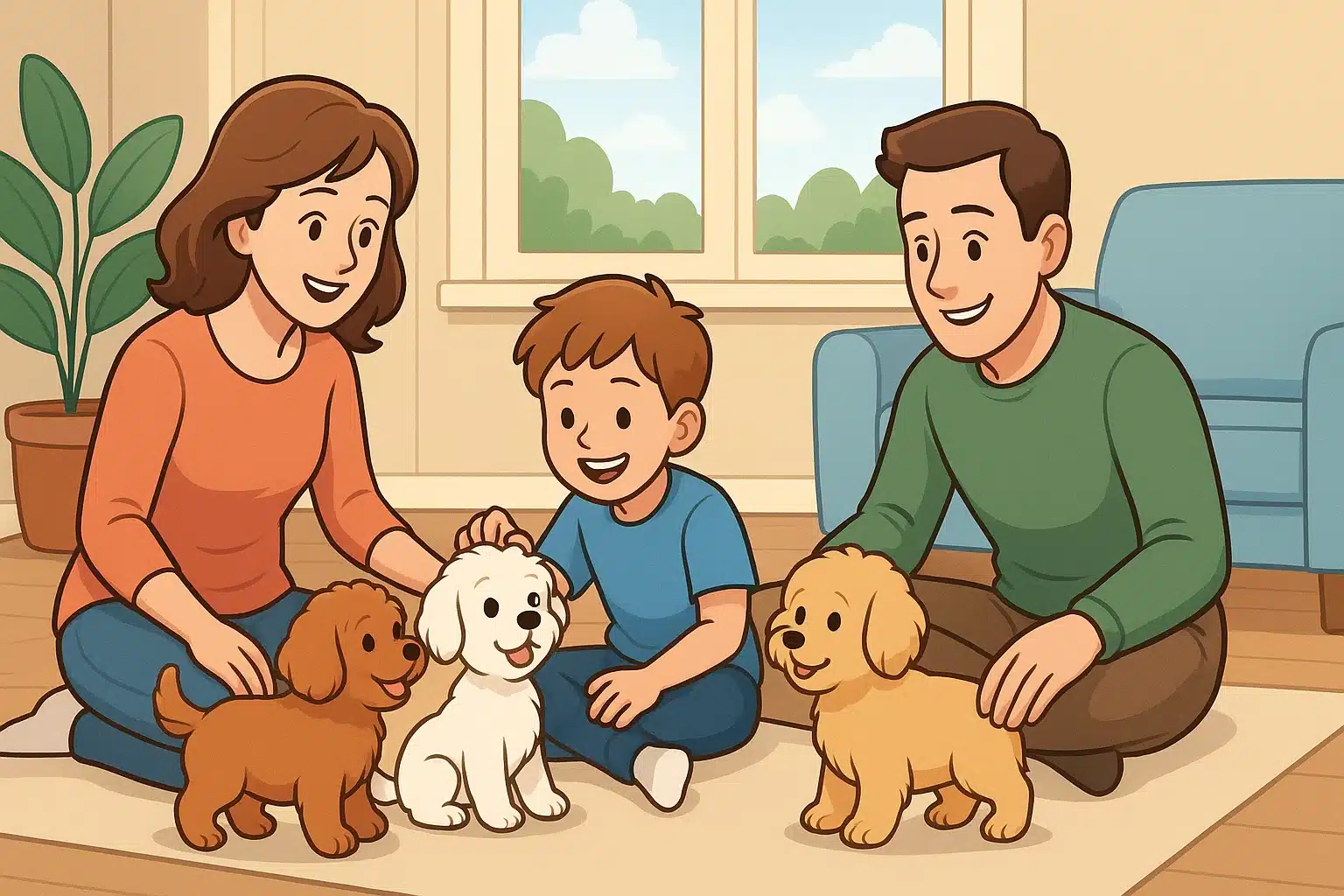 Three fluffy puppies greeting a seated family