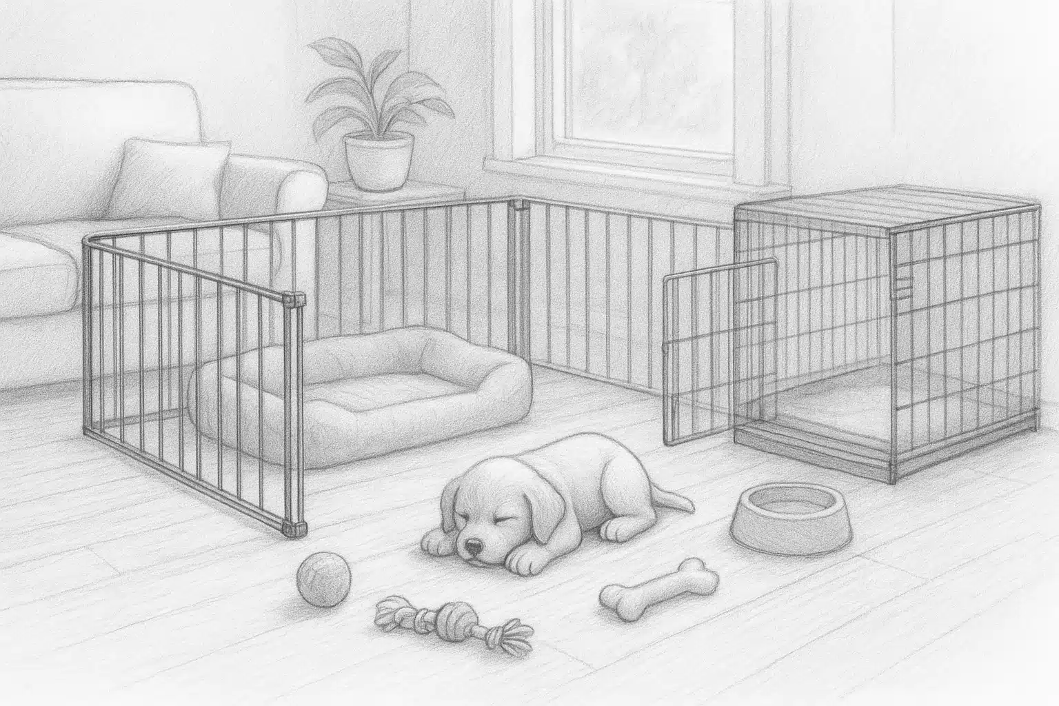 A cute puppy sleeps in a playpen next to a dog crate, toys, and a food bowl, preparing a Maine home for a new puppy.