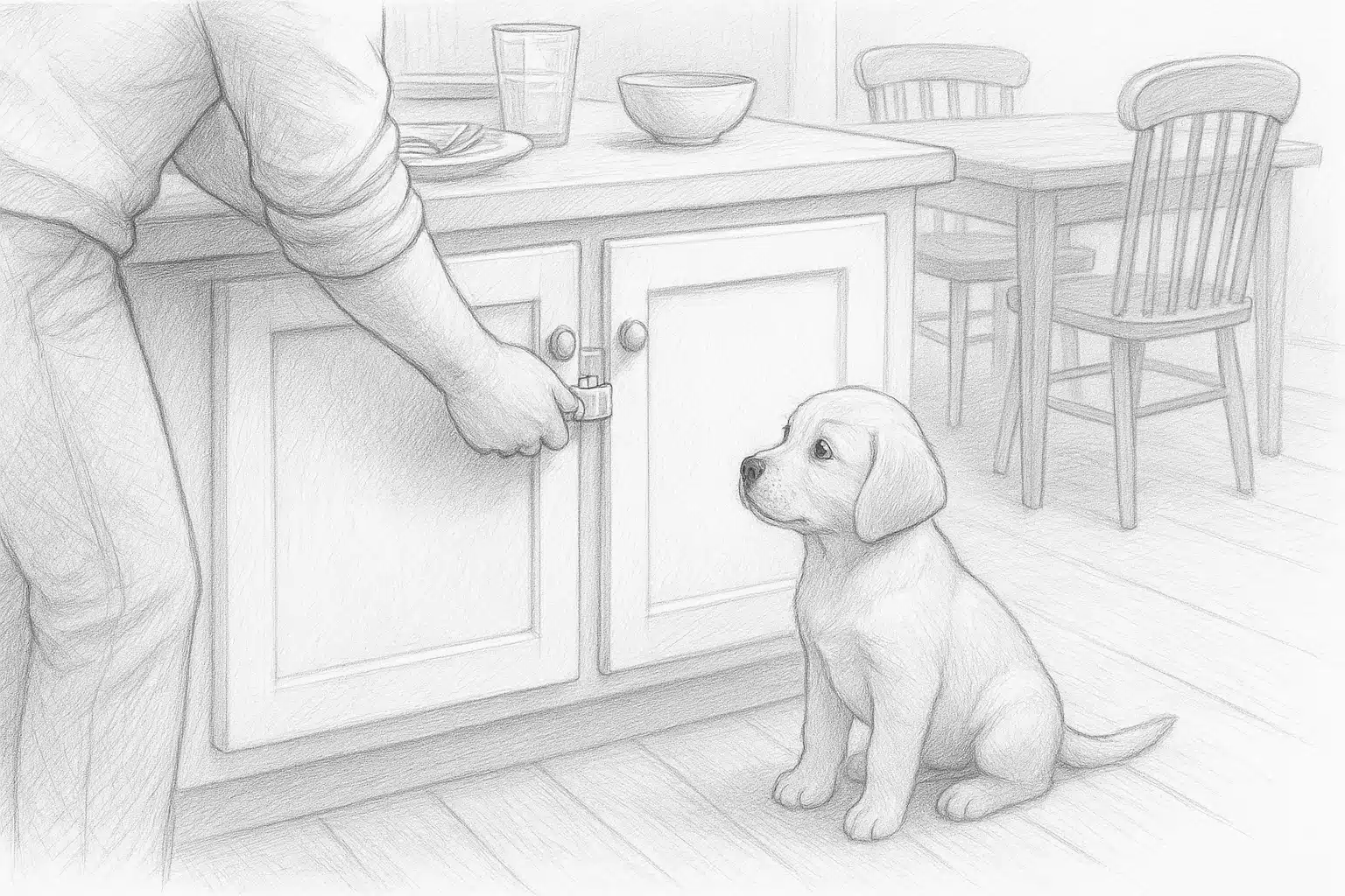 Securing cabinet latch while puppy waits nearby