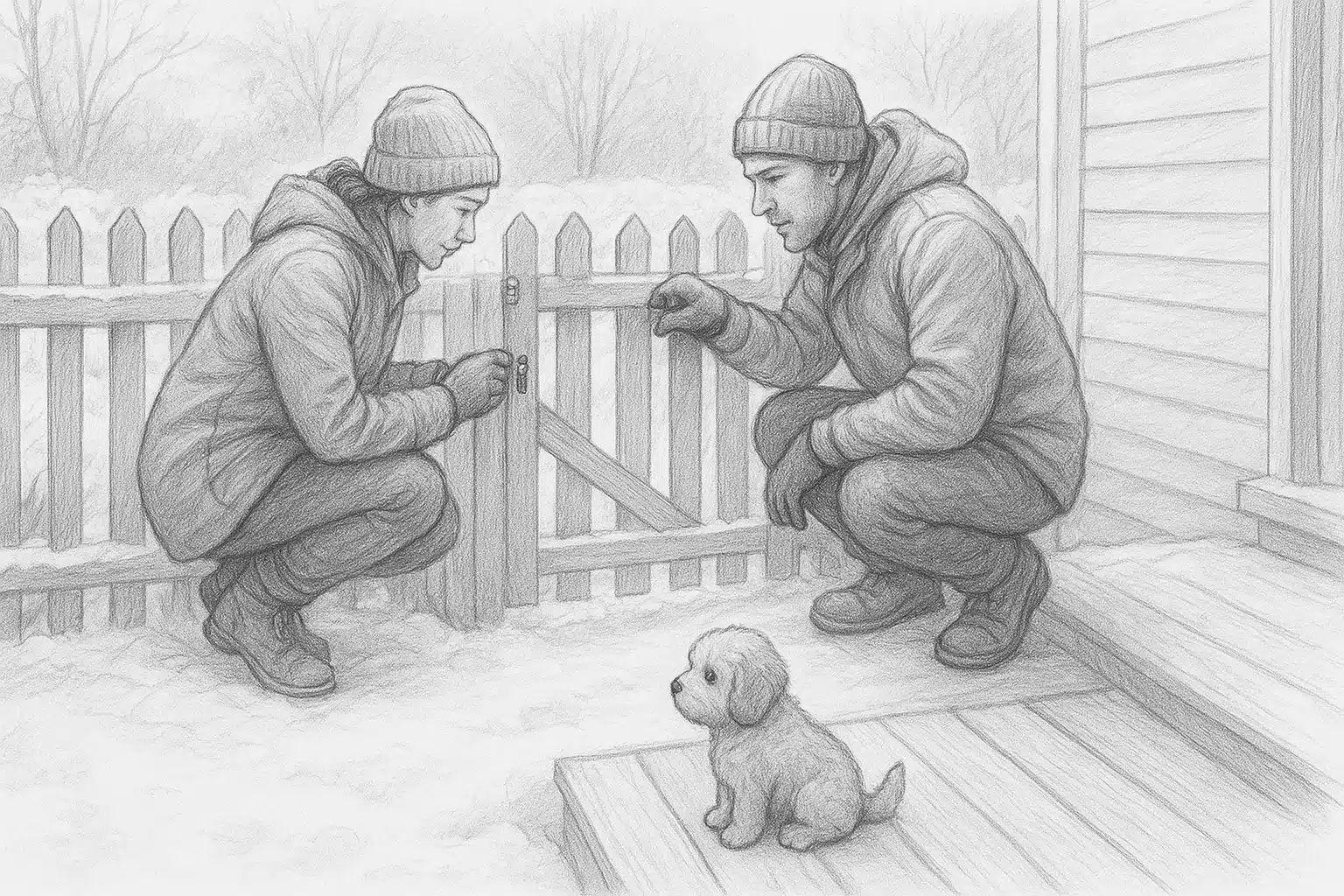 Family inspecting snowy fence with puppy on porch