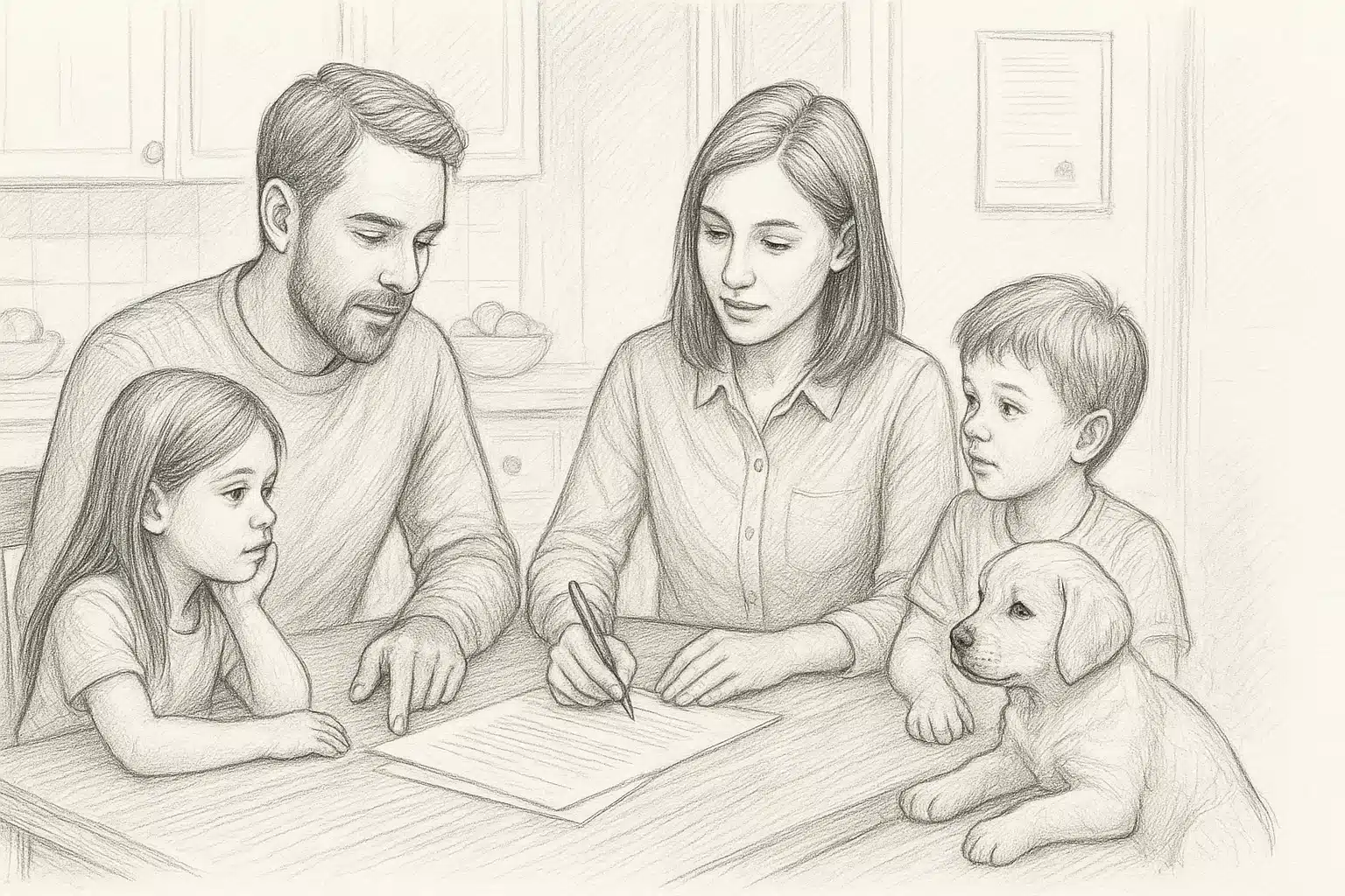 Family assigning puppy chores at kitchen table