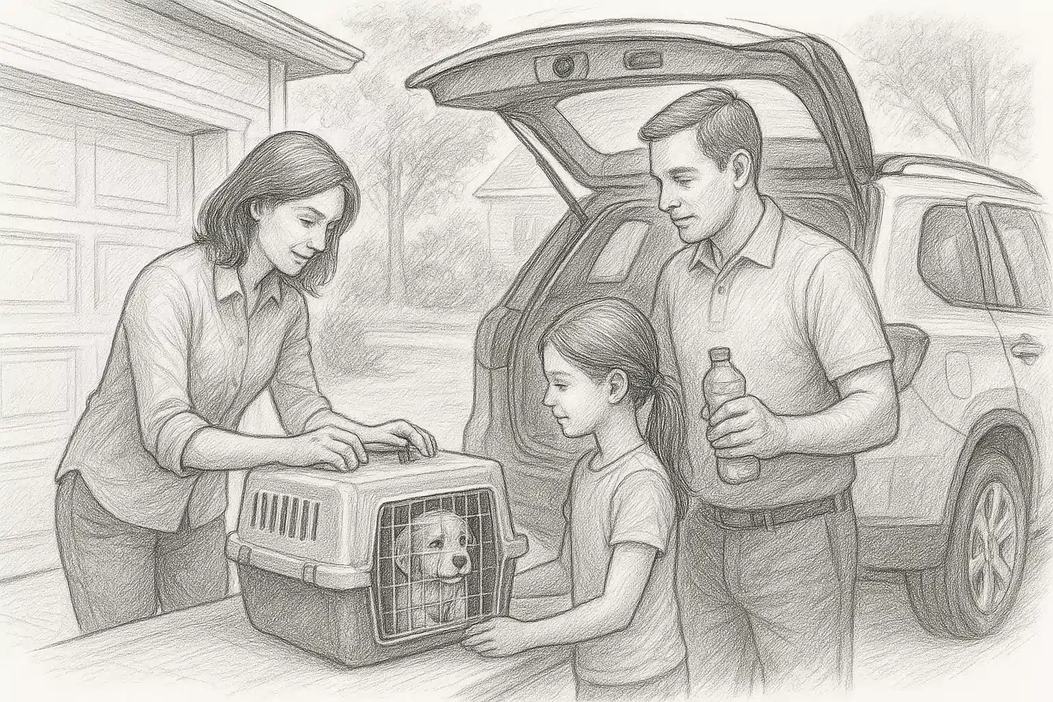 Family securing puppy carrier in SUV