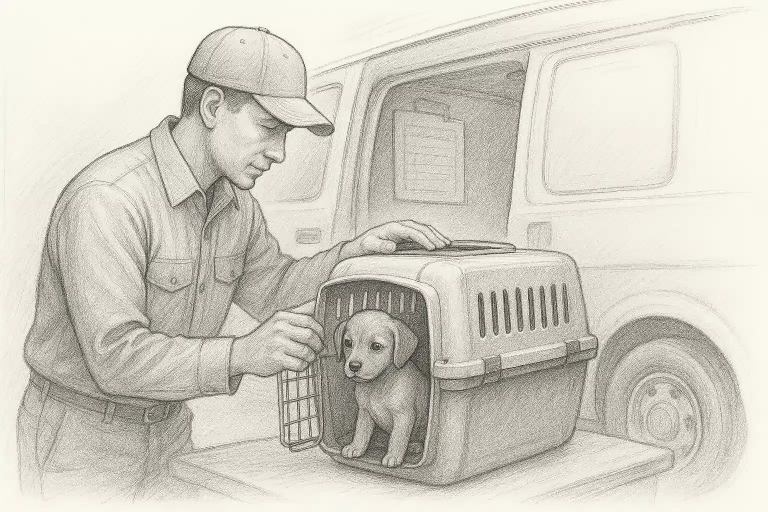 Transporter checking puppy crate beside van