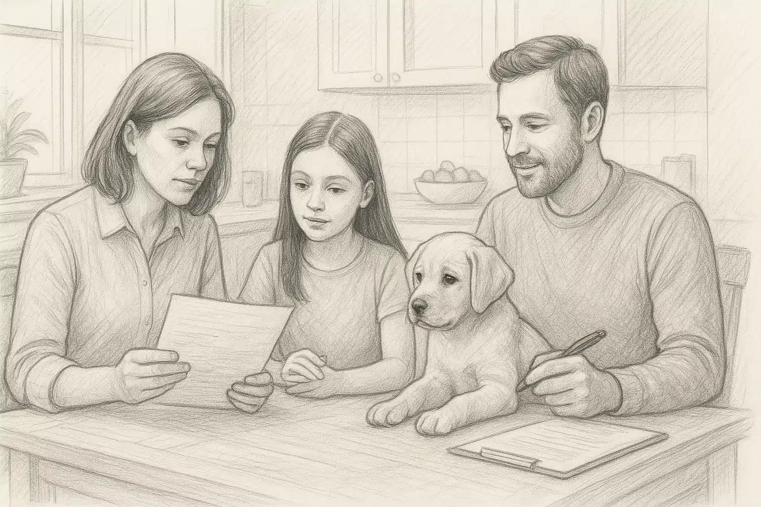 Family reviewing puppy vaccination records at kitchen table
