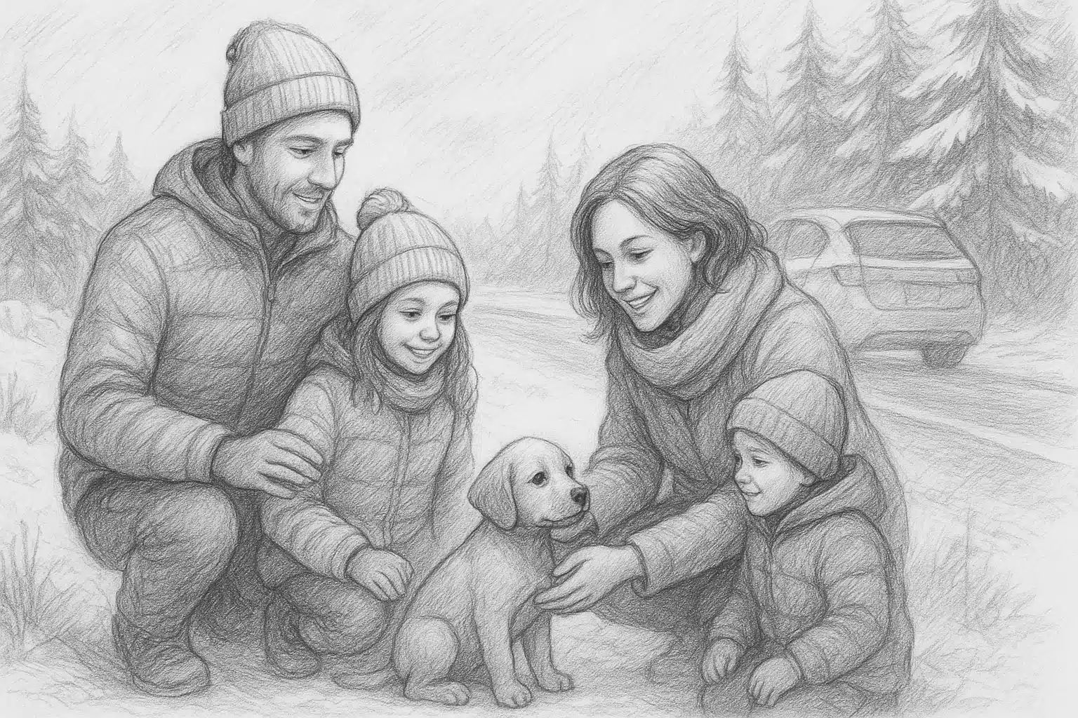 Family meeting puppy near snowy Michigan pines