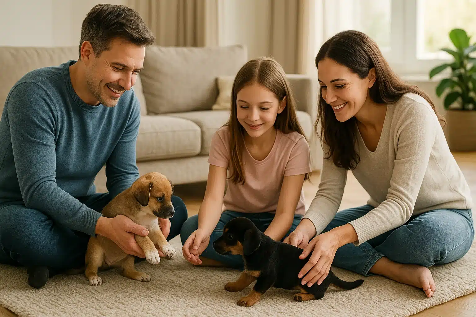 Family members calmly petting puppies on rug