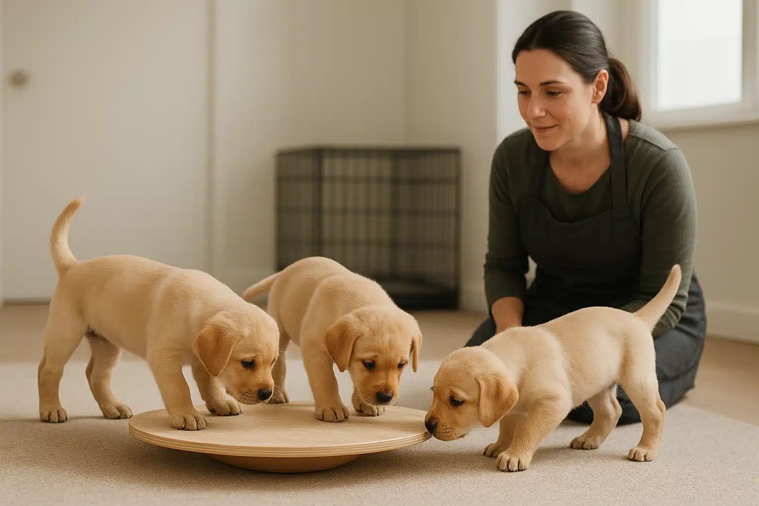 Curious puppies exploring a wobble board