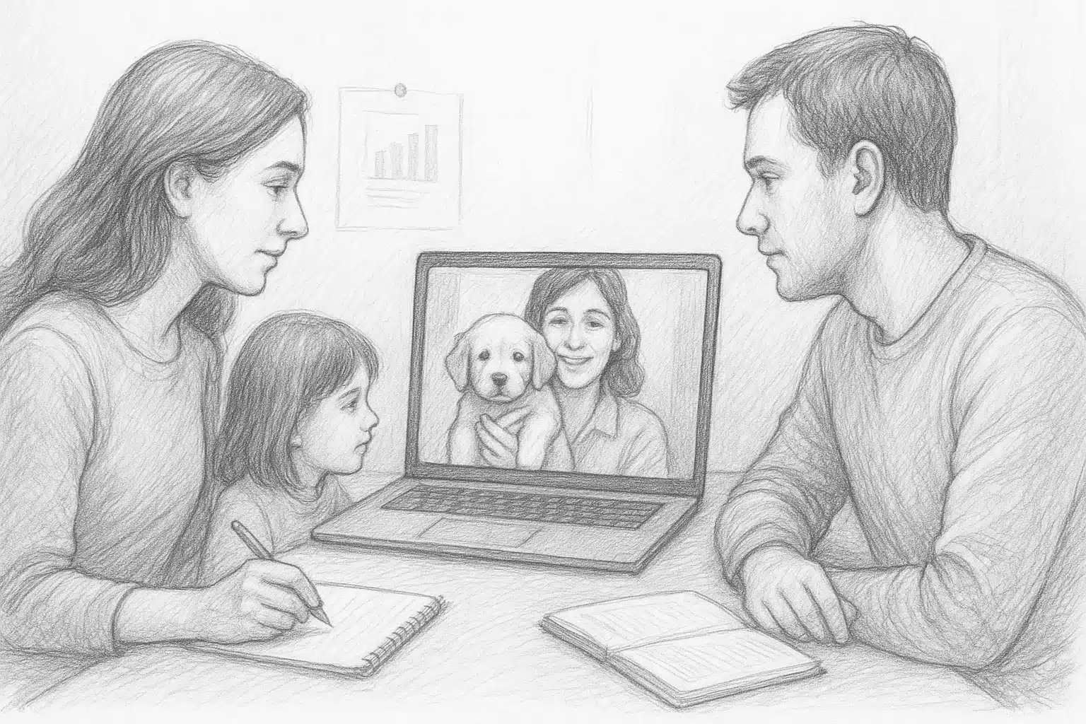 A family video-calling a breeder holding a puppy