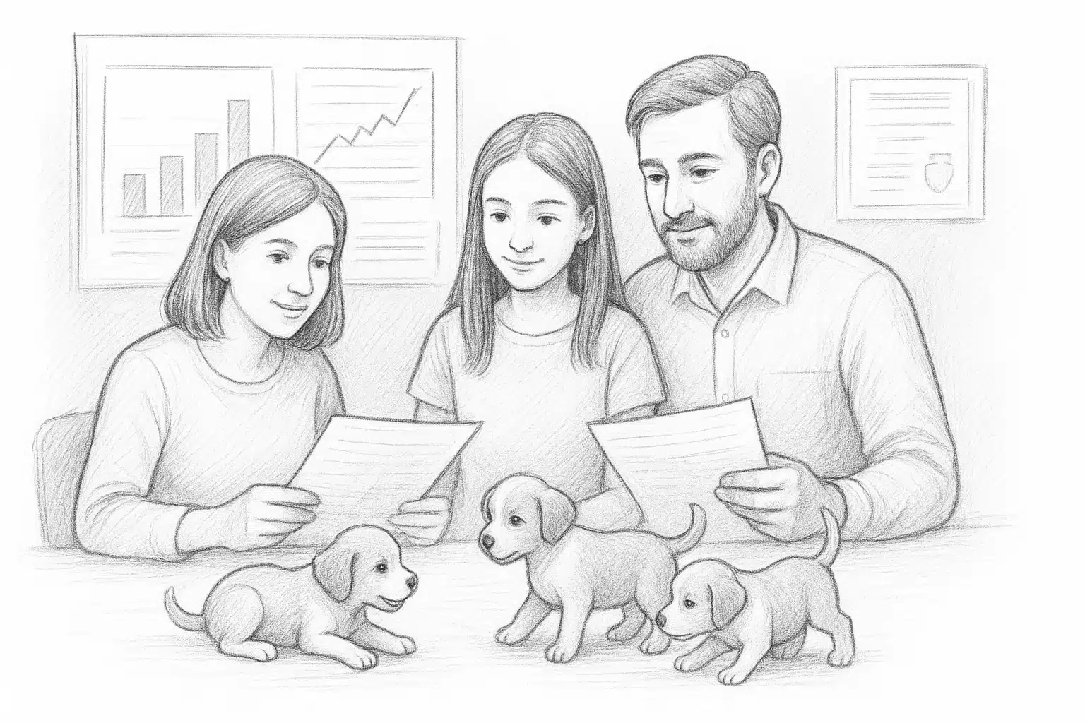 Family reviewing puppy health reports with breeder