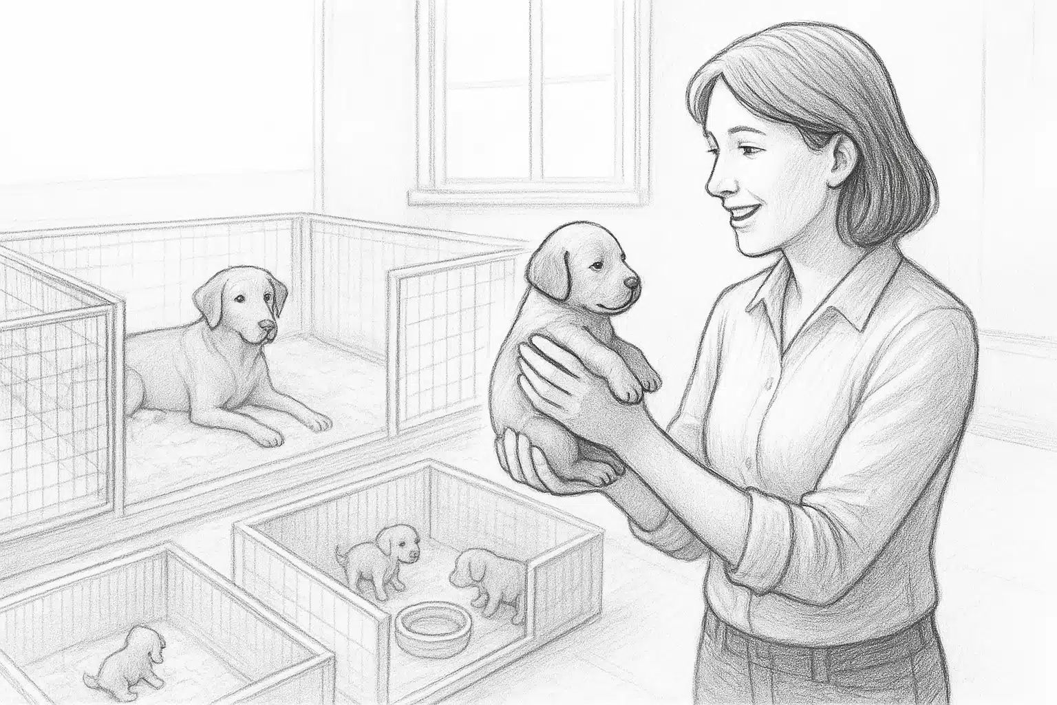 Breeder showing clean puppy nursery pens