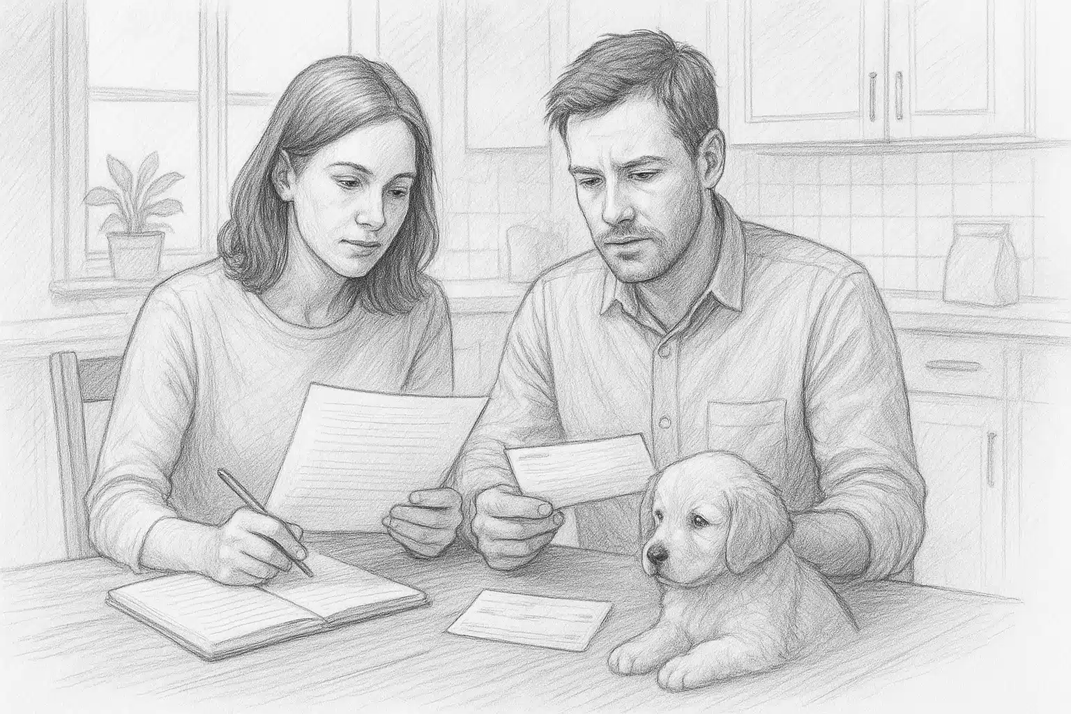 Couple reviewing puppy agreement at kitchen table