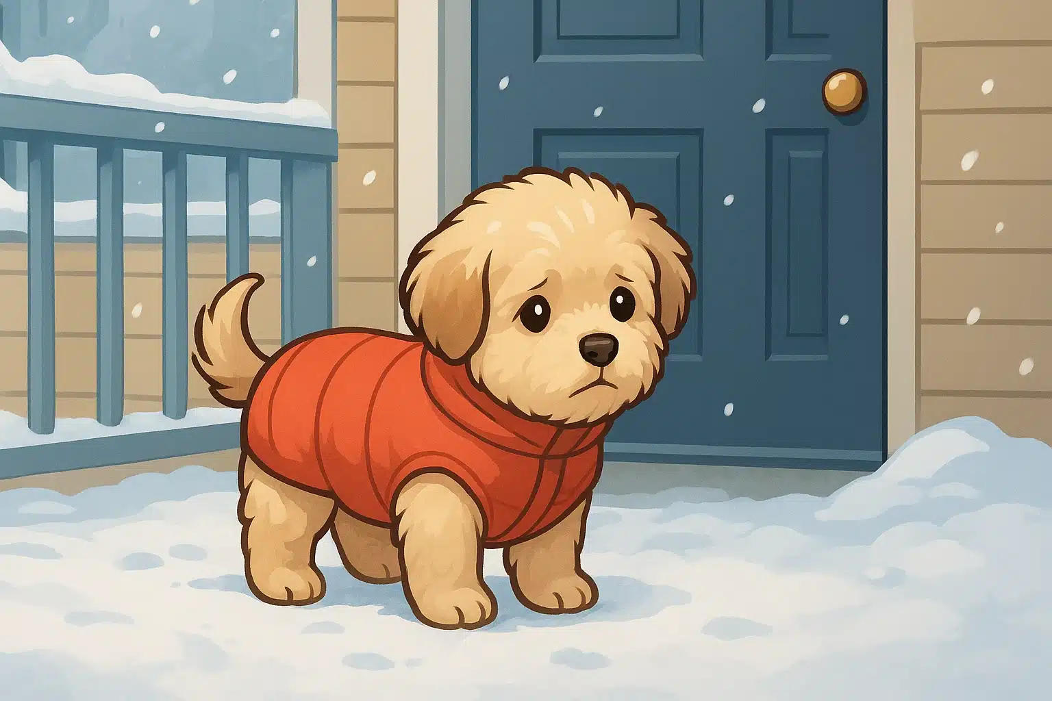 A small fluffy puppy in a coat on a snowy porch