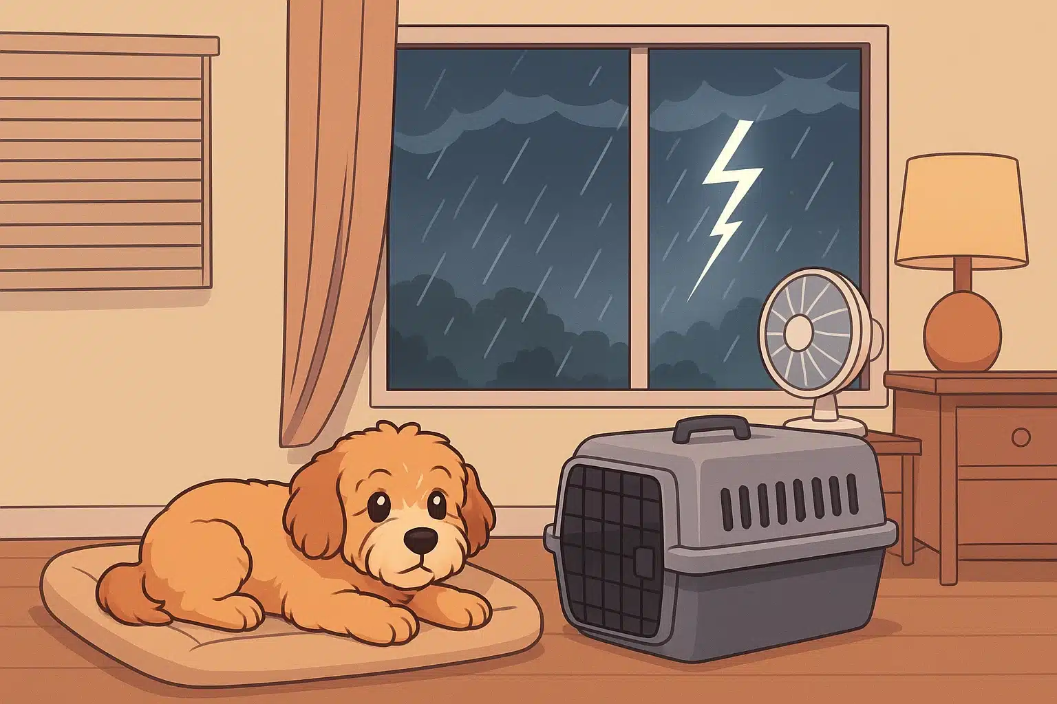 Havapoo puppy resting calmly in storm-safe bedroom