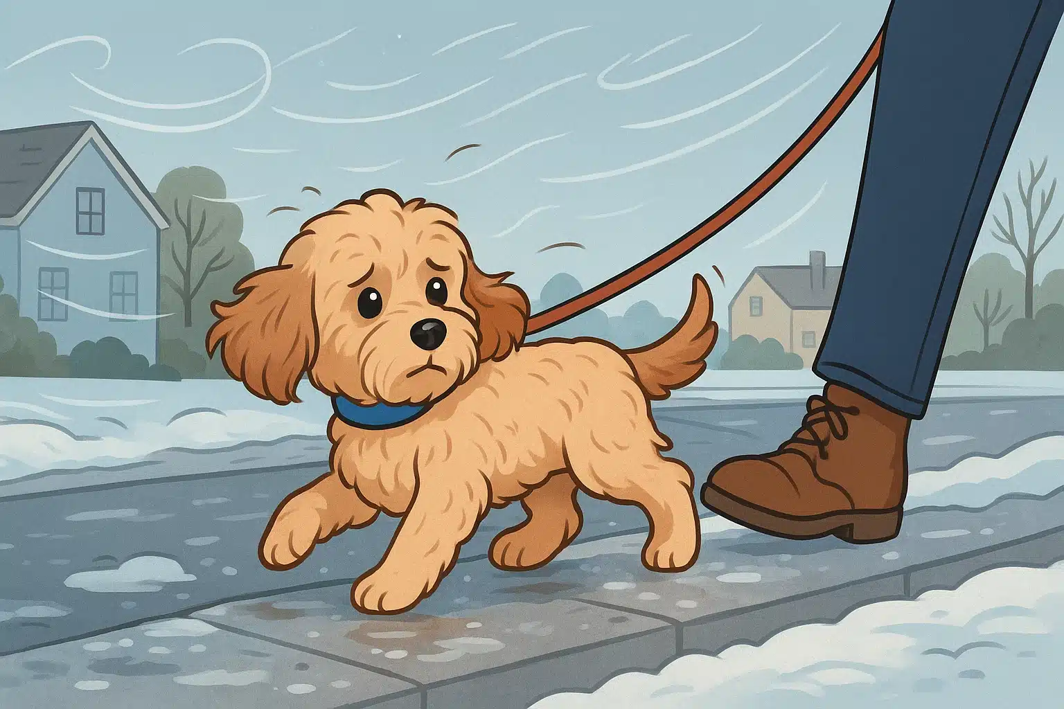 A small fluffy puppy avoids an icy curb on a leash