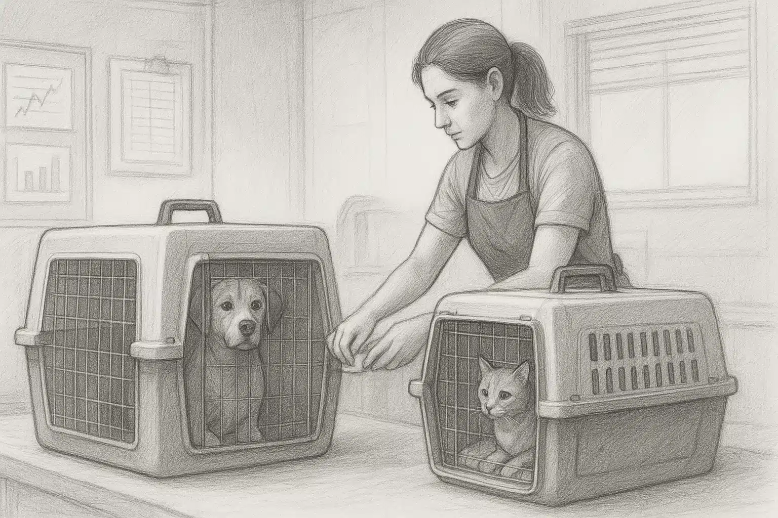 Shelter staff loading crated dogs into transport van