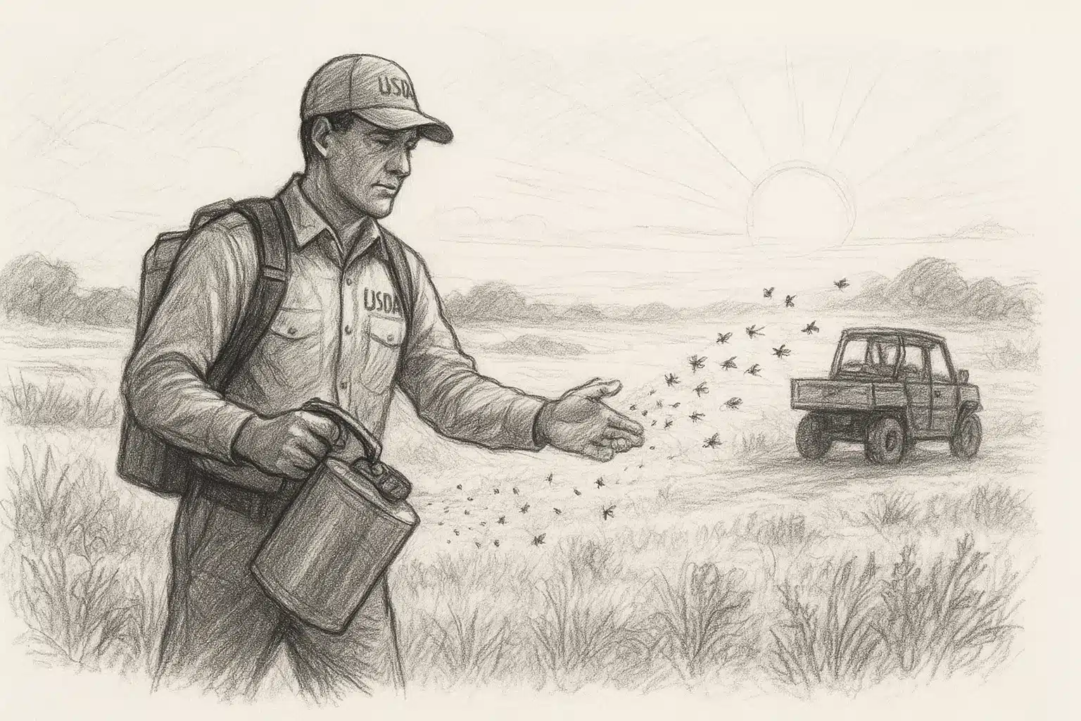USDA crew releasing sterile flies over Texas ranchland