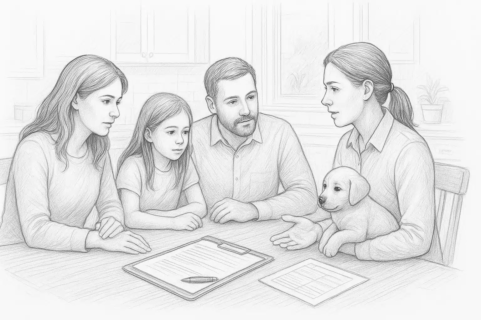 A family reviews puppy health documents with a breeder