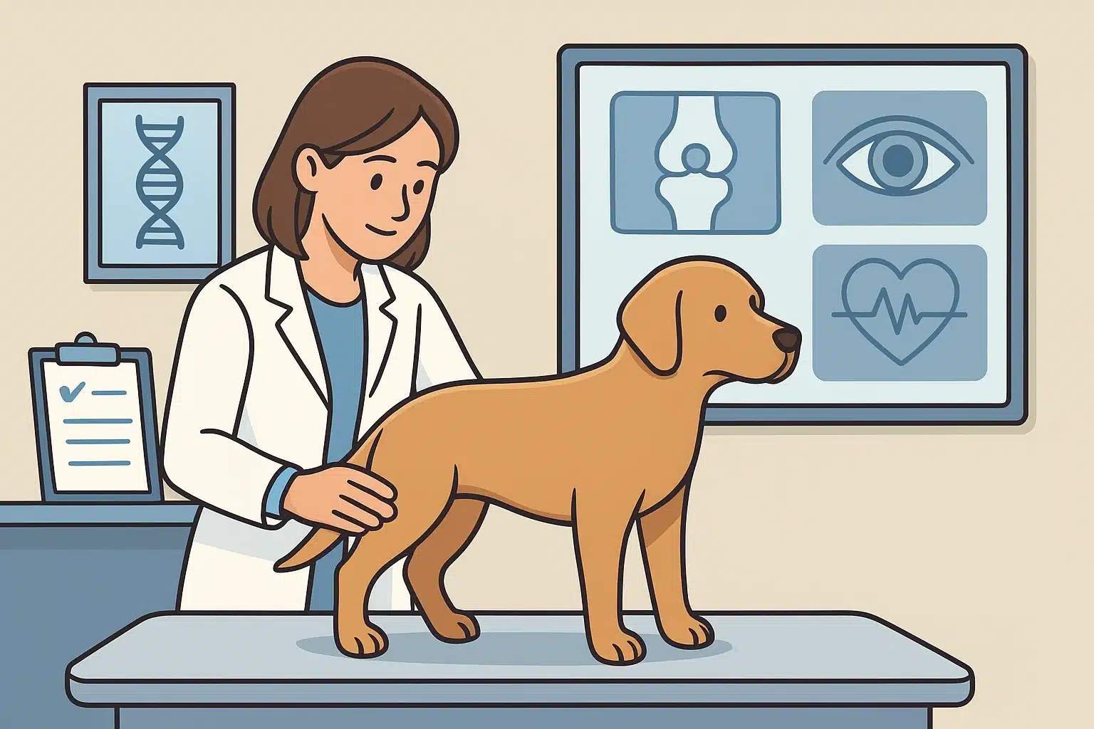 A breeder examining a puppy's eyes and joints