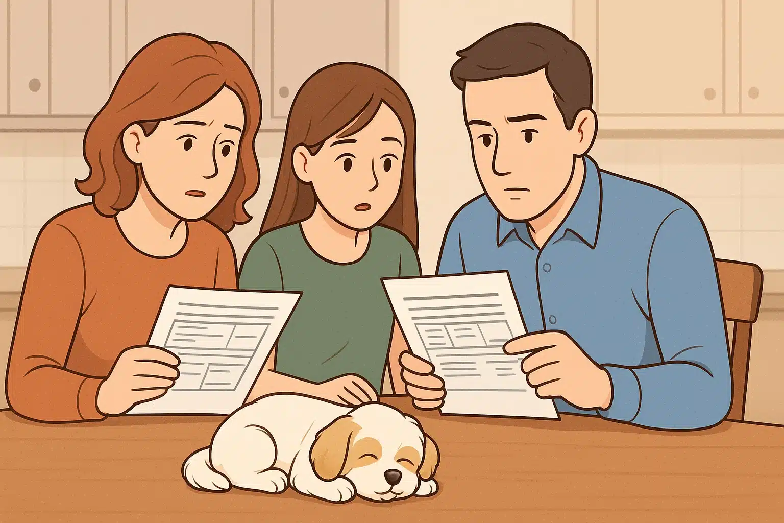 Family reviewing health certificates beside sleeping puppy