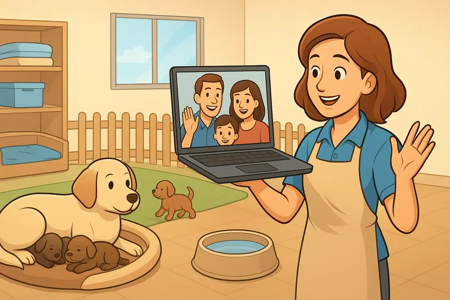 Breeder video calling from bright puppy nursery