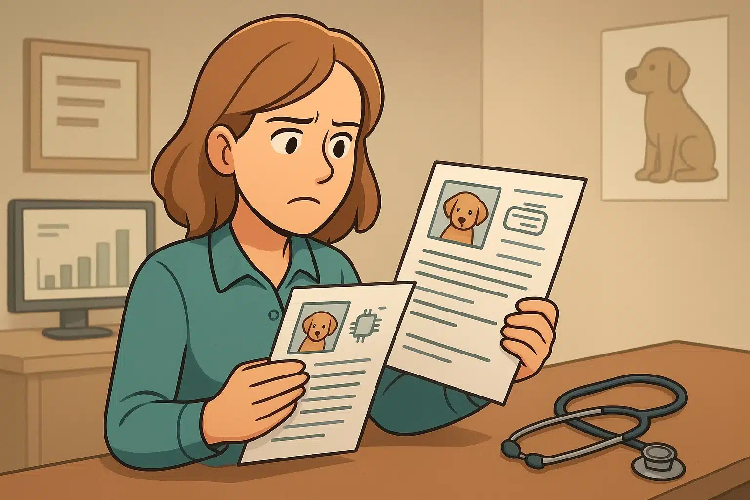 A buyer comparing breeder documents at a vet clinic