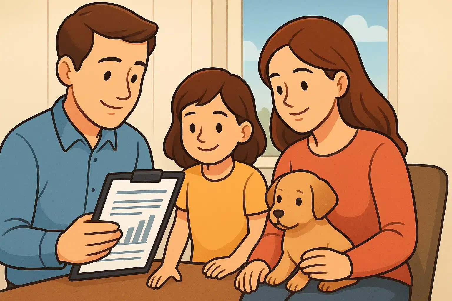 A family reviews puppy parent health records beside a calm dog