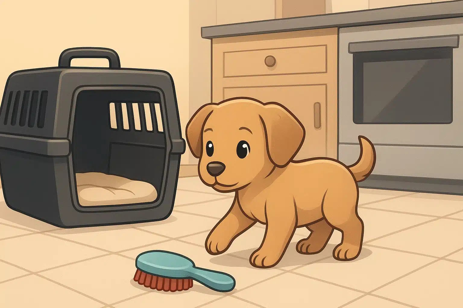 Puppy exploring tiled floor beside crate and brush