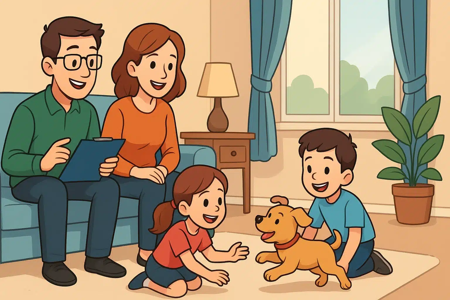 Parents discussing routine while puppy greets children
