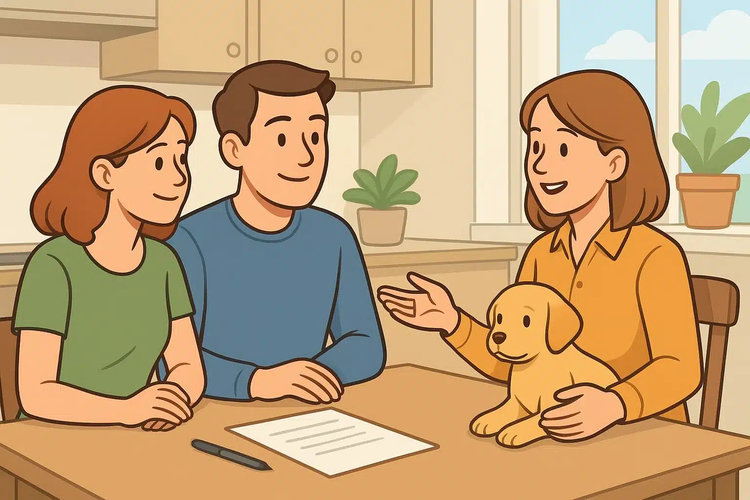 Prospective owners questioning breeder at kitchen table