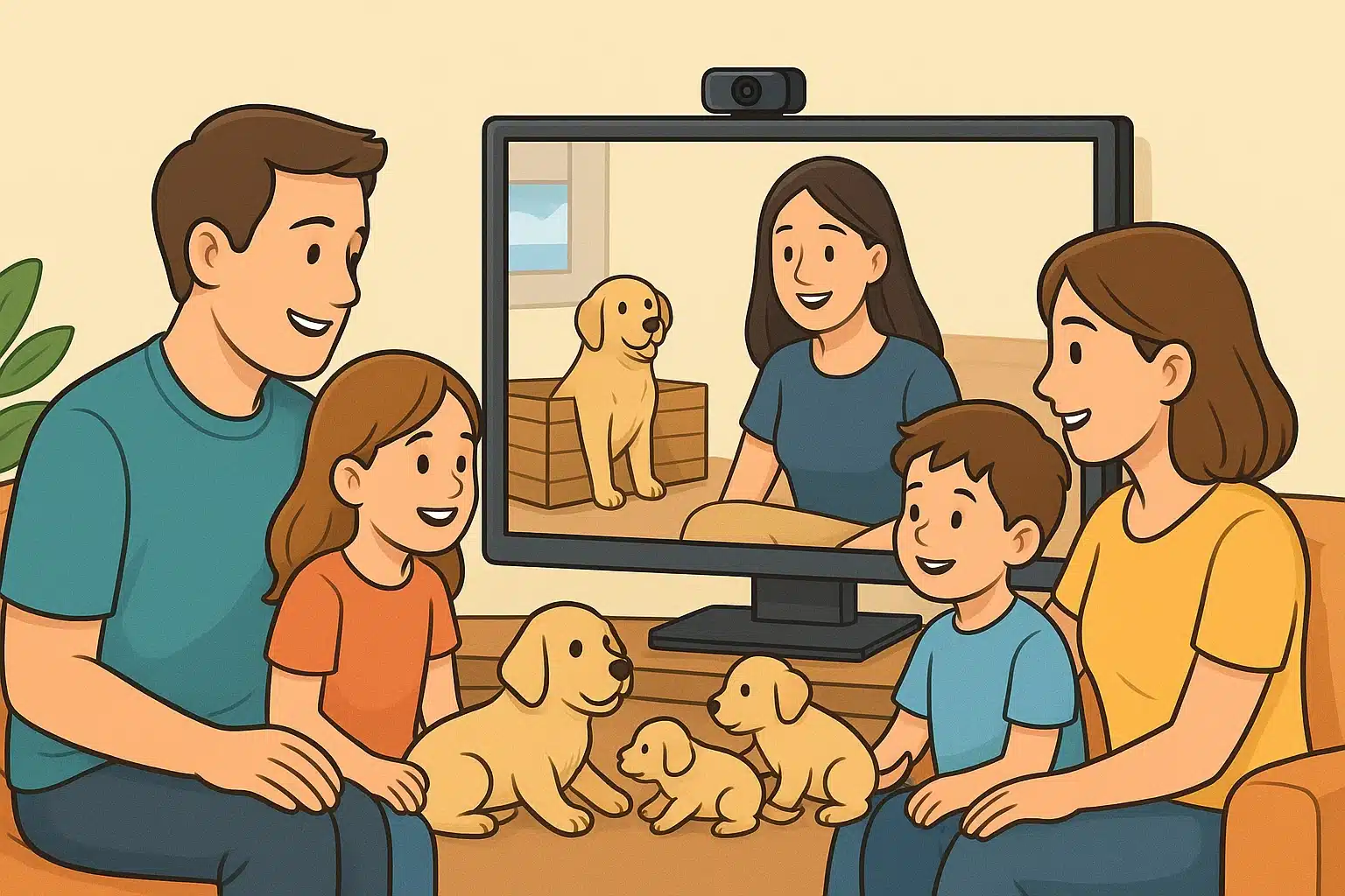 A family video calls while puppies play nearby