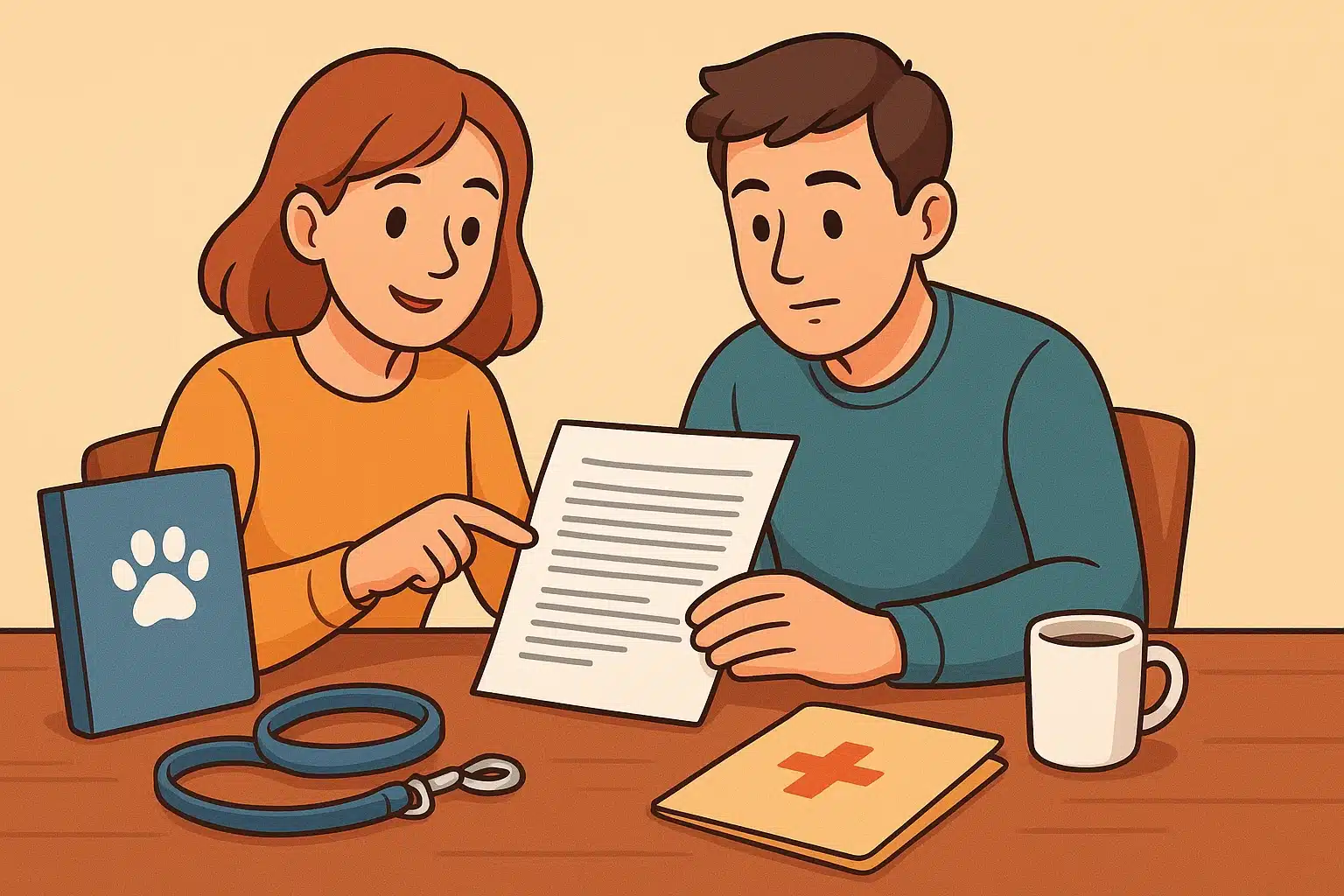 A couple reviewing a puppy contract at a table with a leash and coffee mugs
