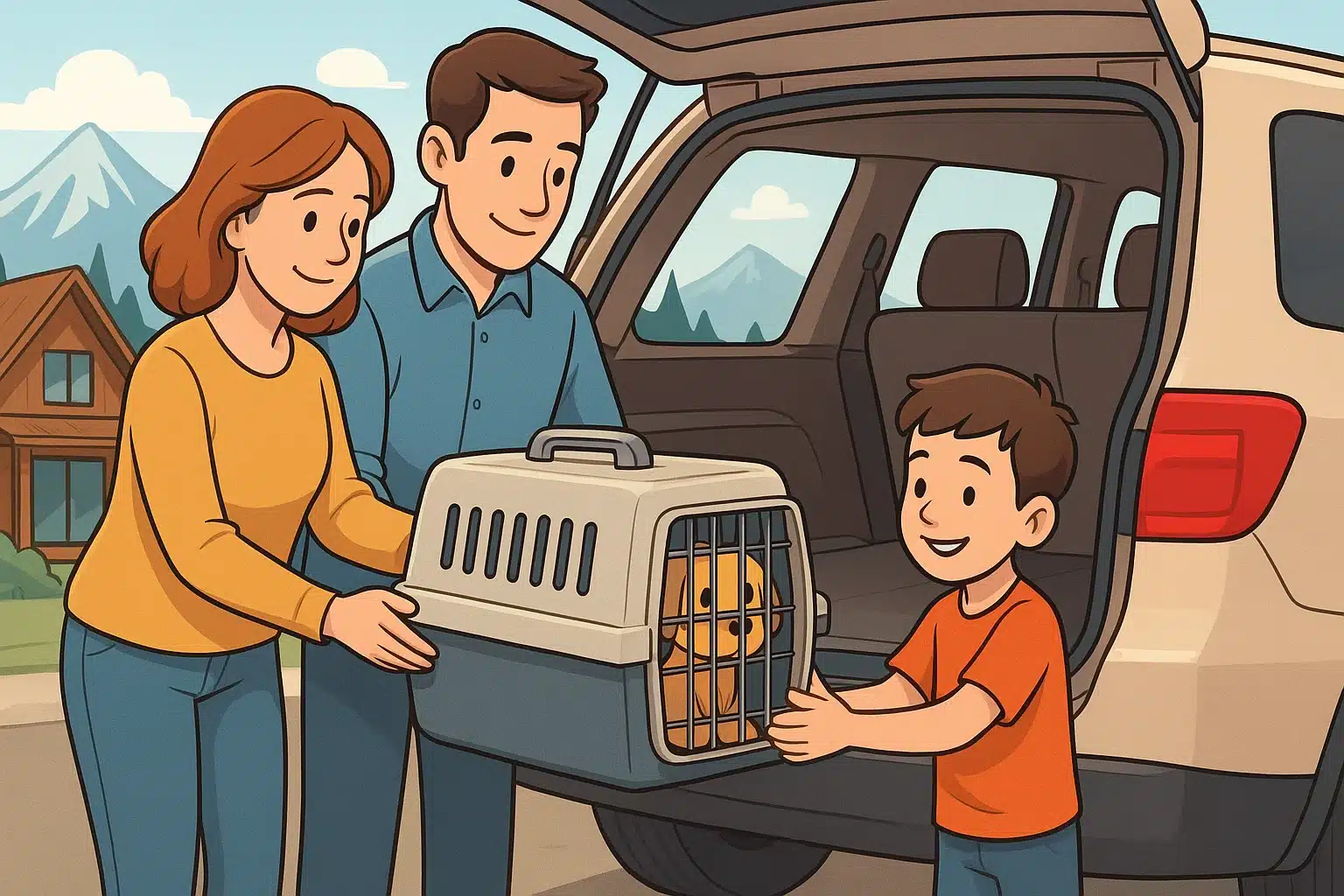 Family loading puppy carrier into SUV