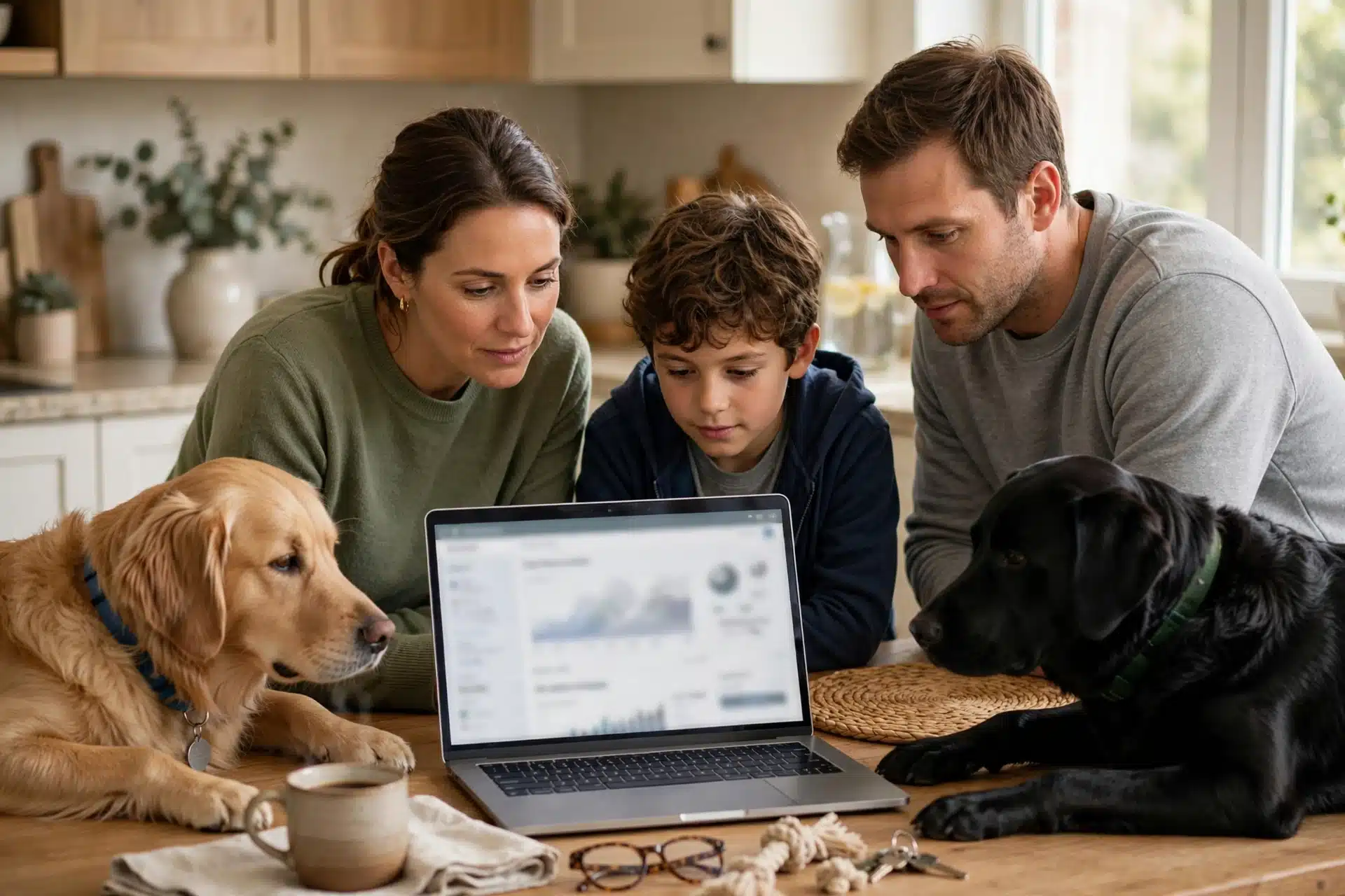 Family reviewing dog health records on laptop
