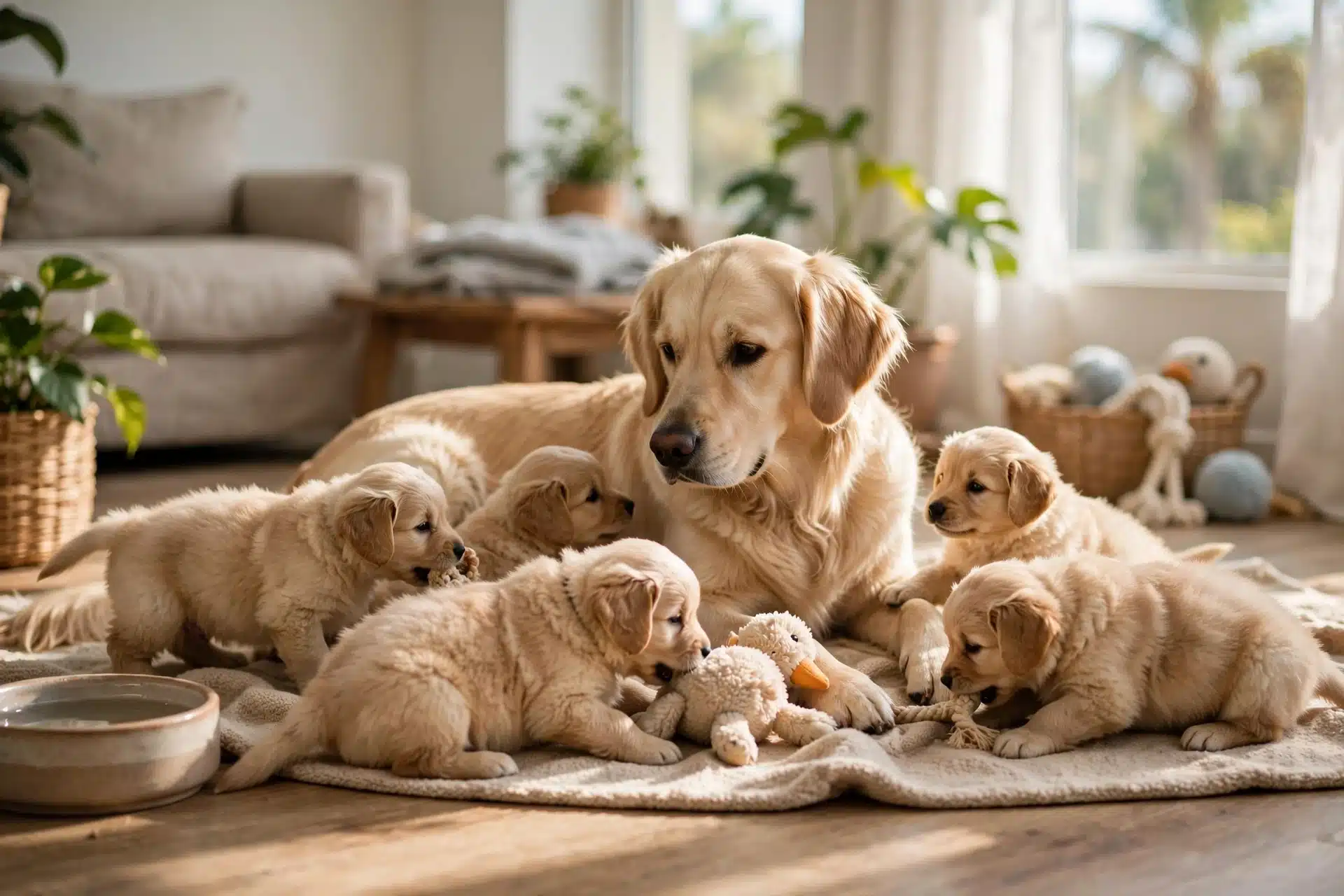 Sunlit family room with puppies and mother