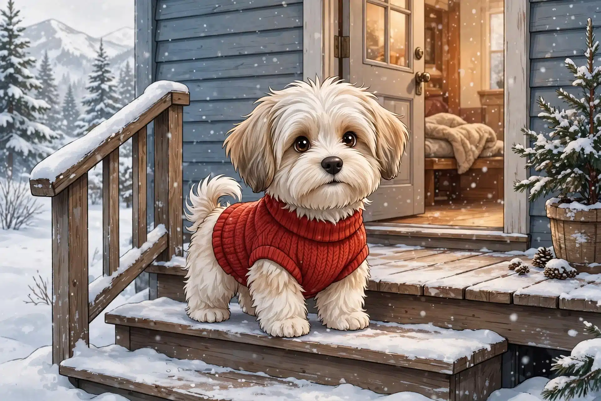 A fluffy Havanese puppy in a red sweater sits on snowy porch steps