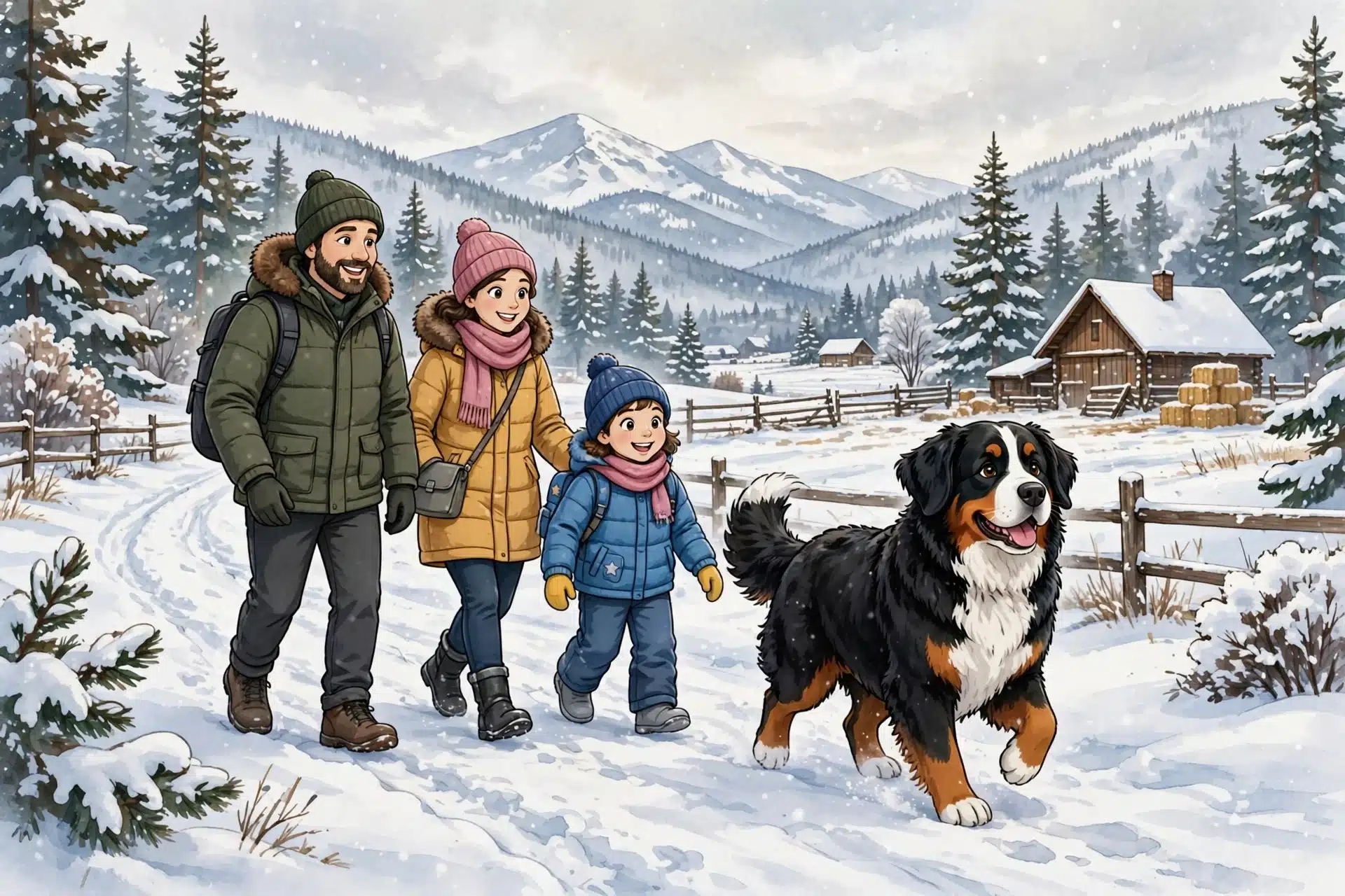 Bernese Mountain Dog trotting beside family in snow