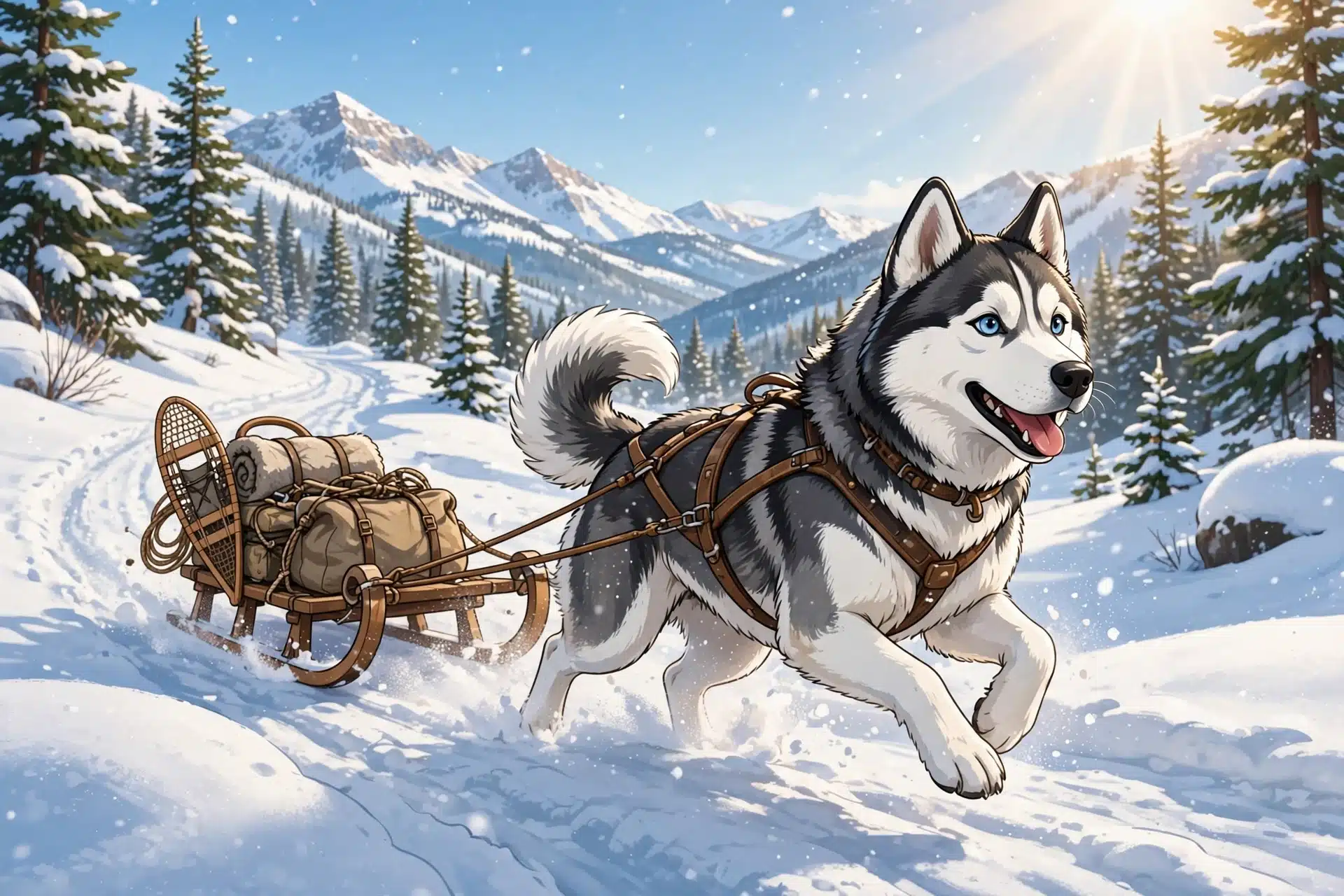 A husky pulling a sled through snowy Montana woods