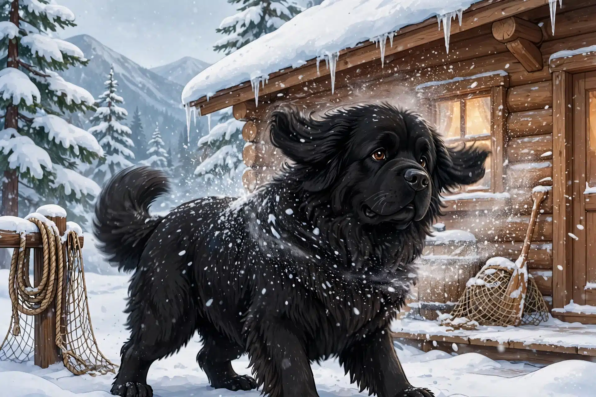 Large Newfoundland shaking snow beside snowy cabin
