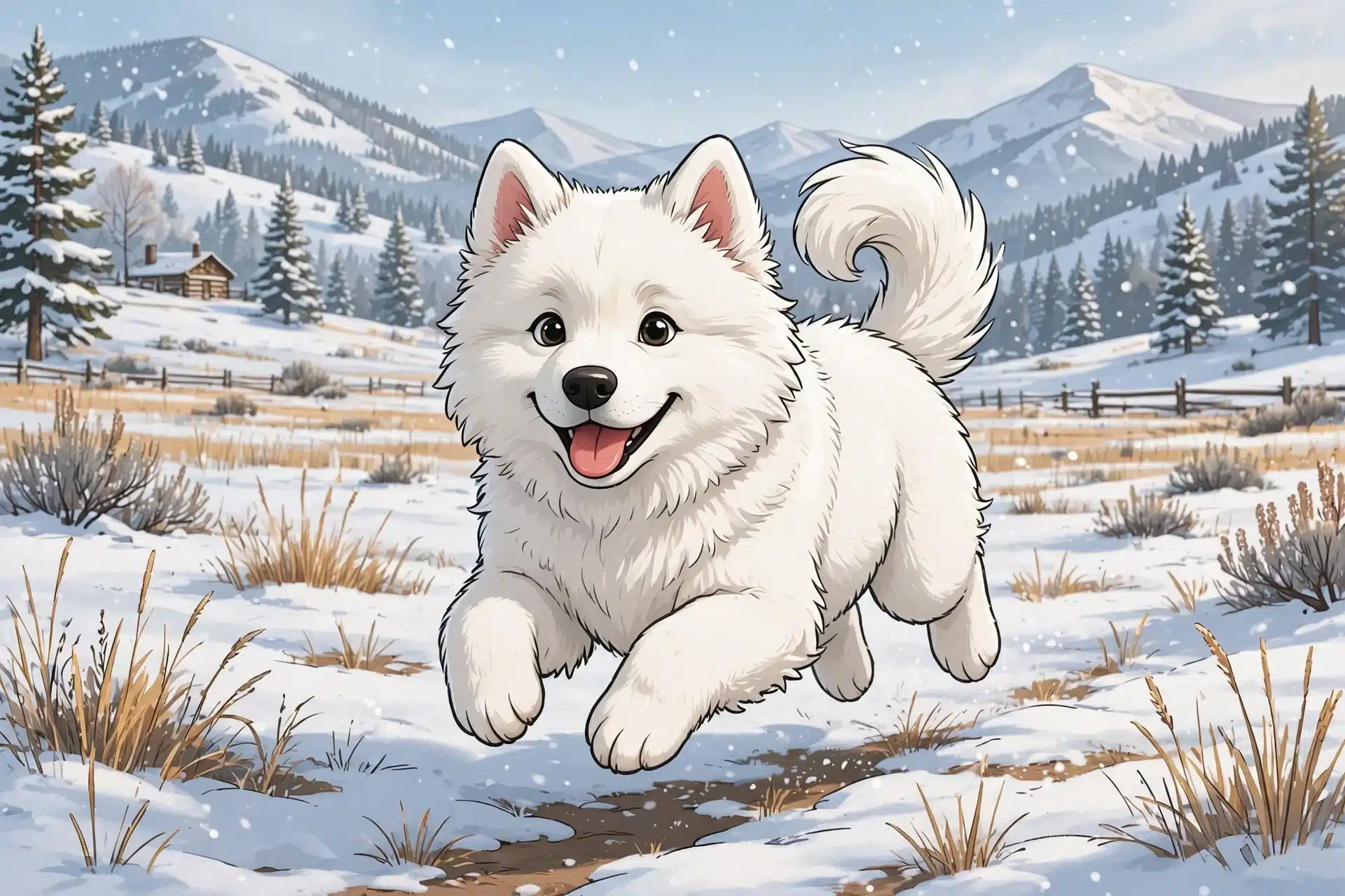 A smiling Samoyed puppy bounding through snowy Montana meadow