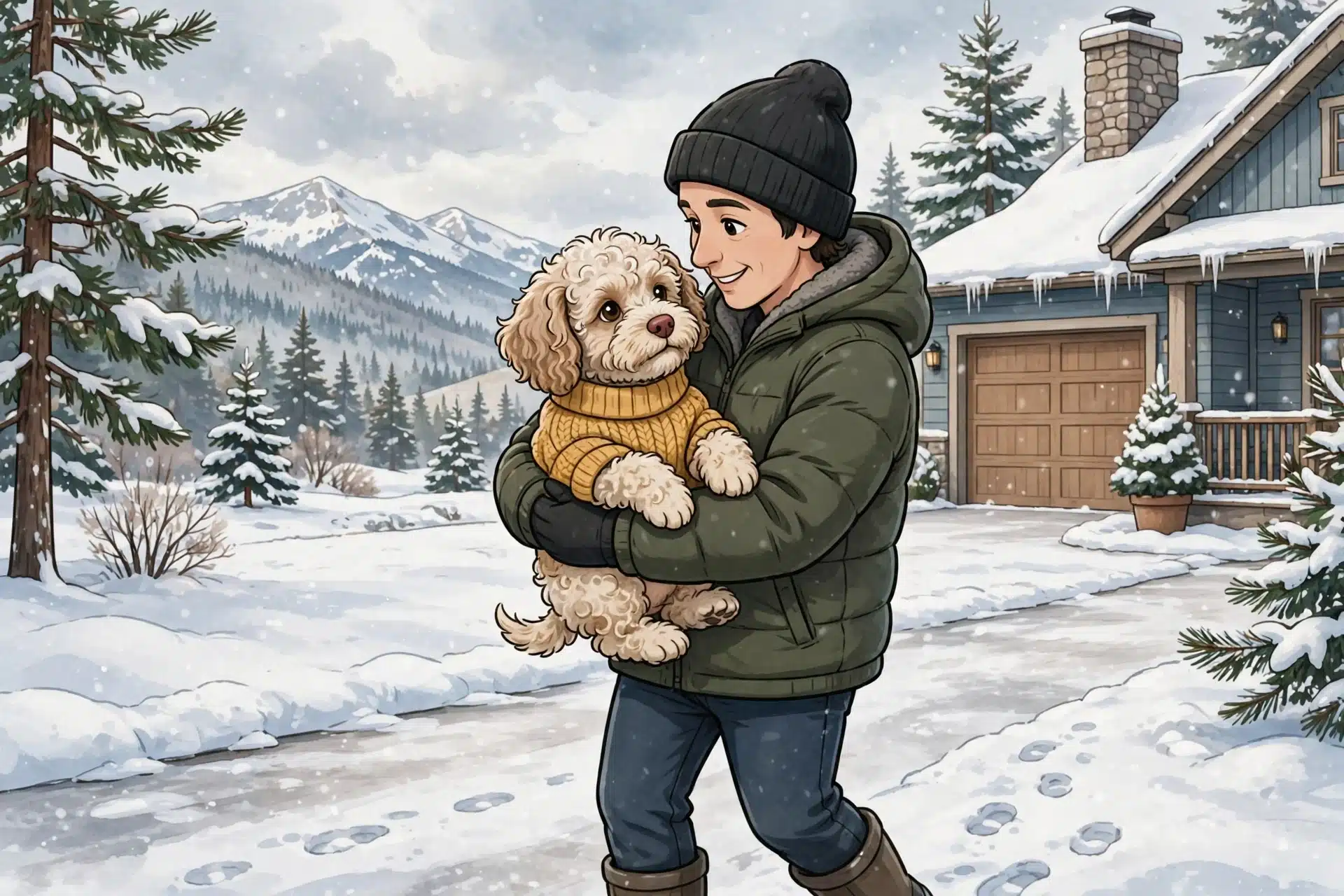 A curly-coated Havapoo puppy in a knit sweater, carried over a snowy driveway