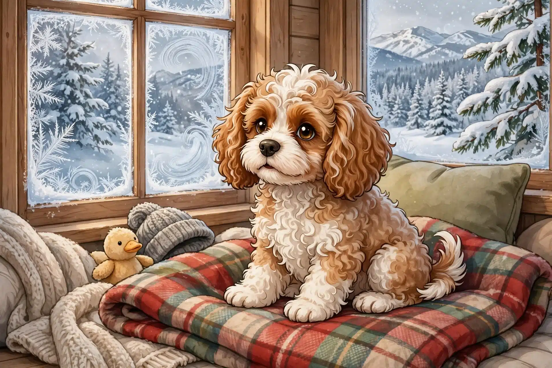 A Cavapoo puppy on a plaid blanket by a frosty window