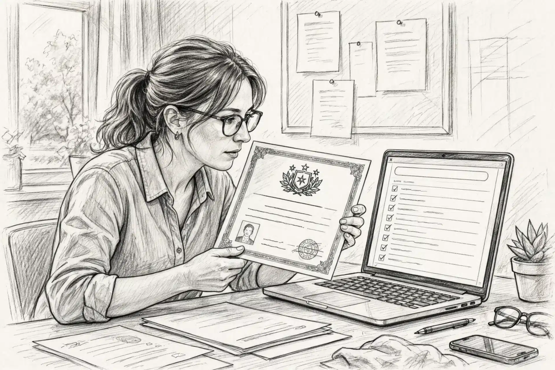 Pencil sketch of a person comparing a license certificate to a laptop