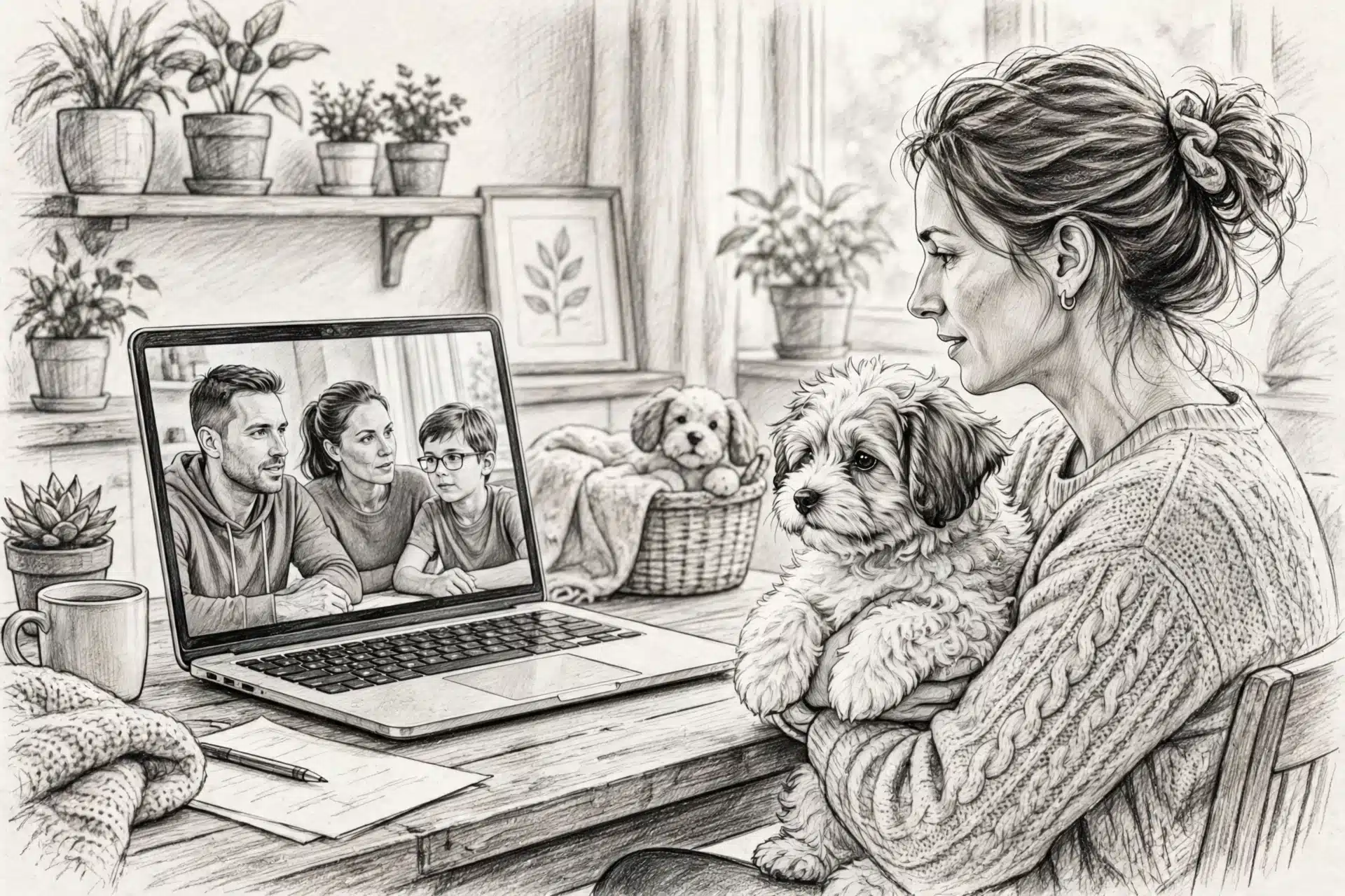 Family video call with breeder holding puppy