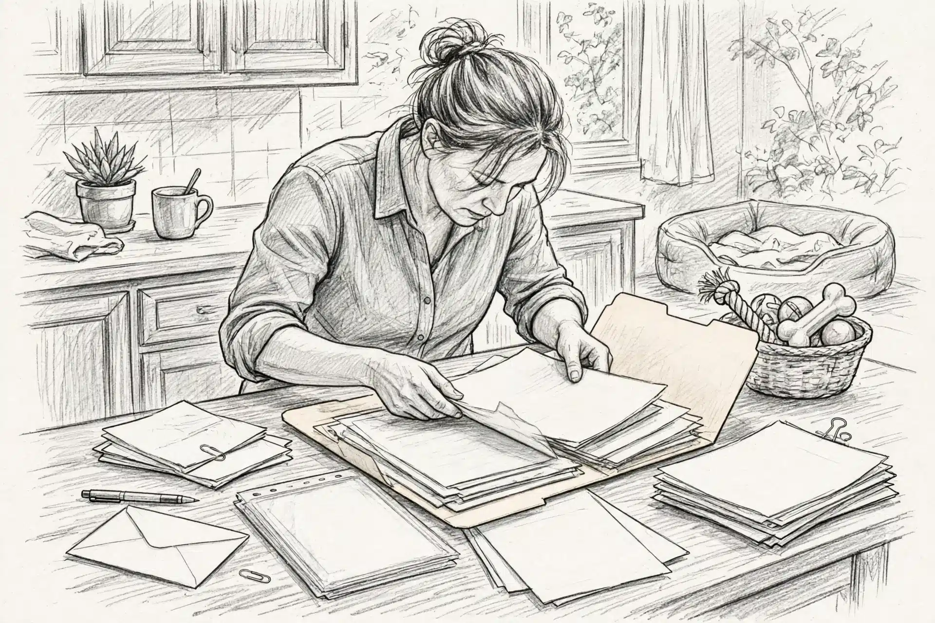 Breeder organizing puppy health records on table