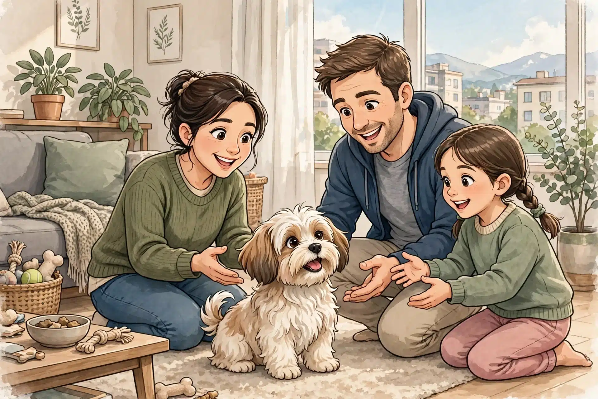 A family greets a fluffy puppy on an apartment floor