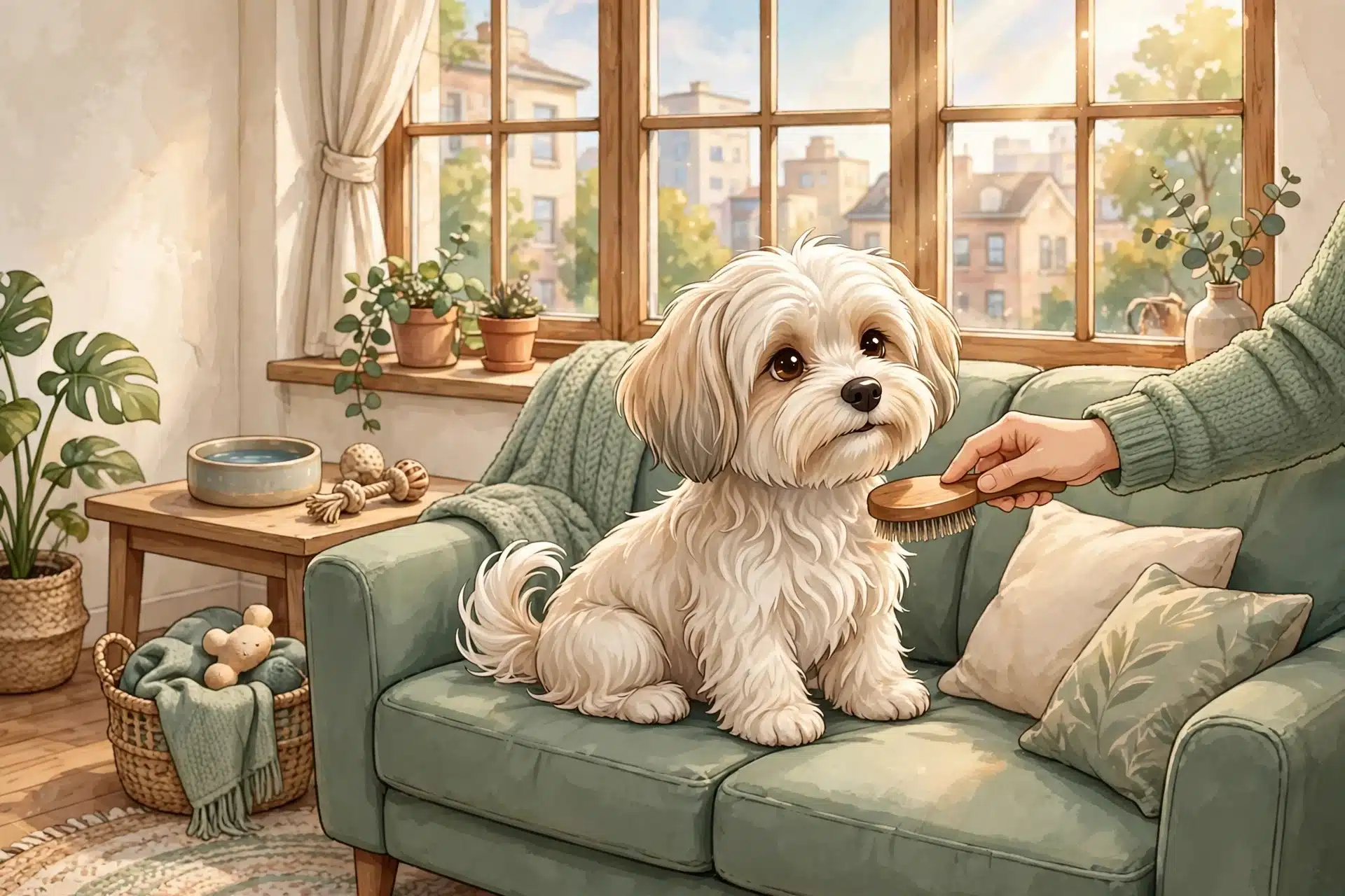 A silky Havanese puppy being brushed on a sofa