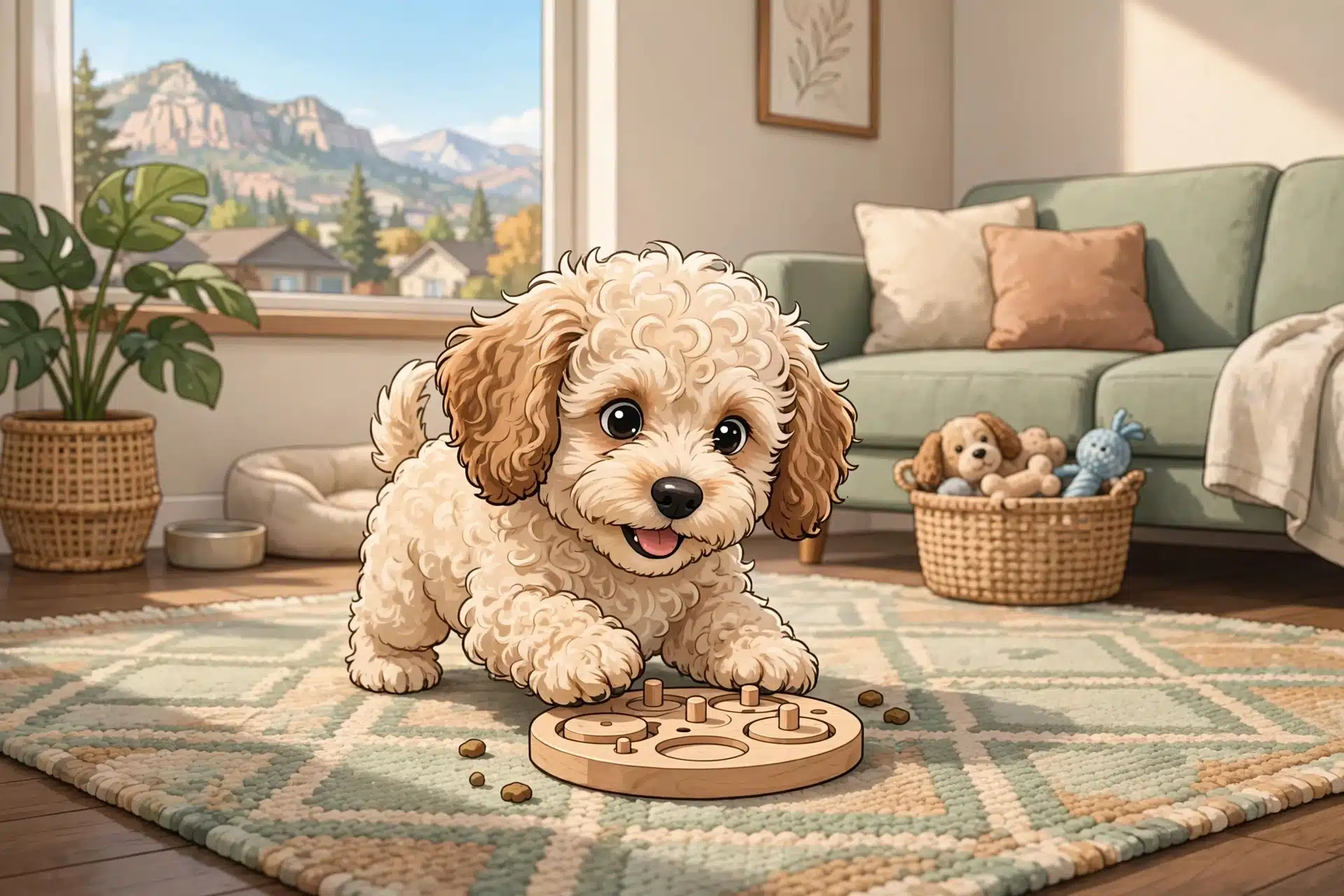 Curly Havapoo puppy with puzzle toy on apartment rug