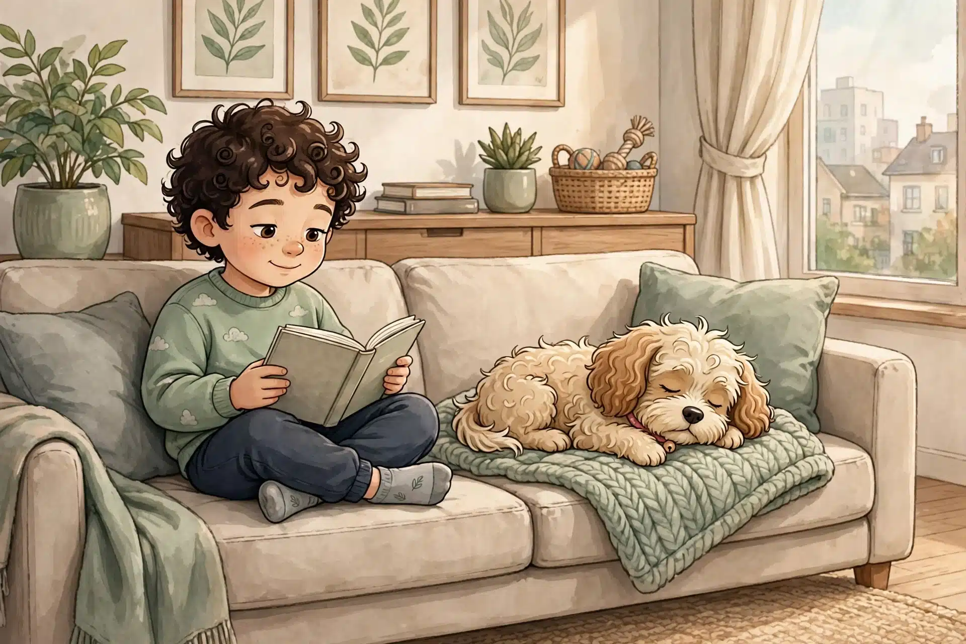 Child reading with Cavapoo puppy on couch