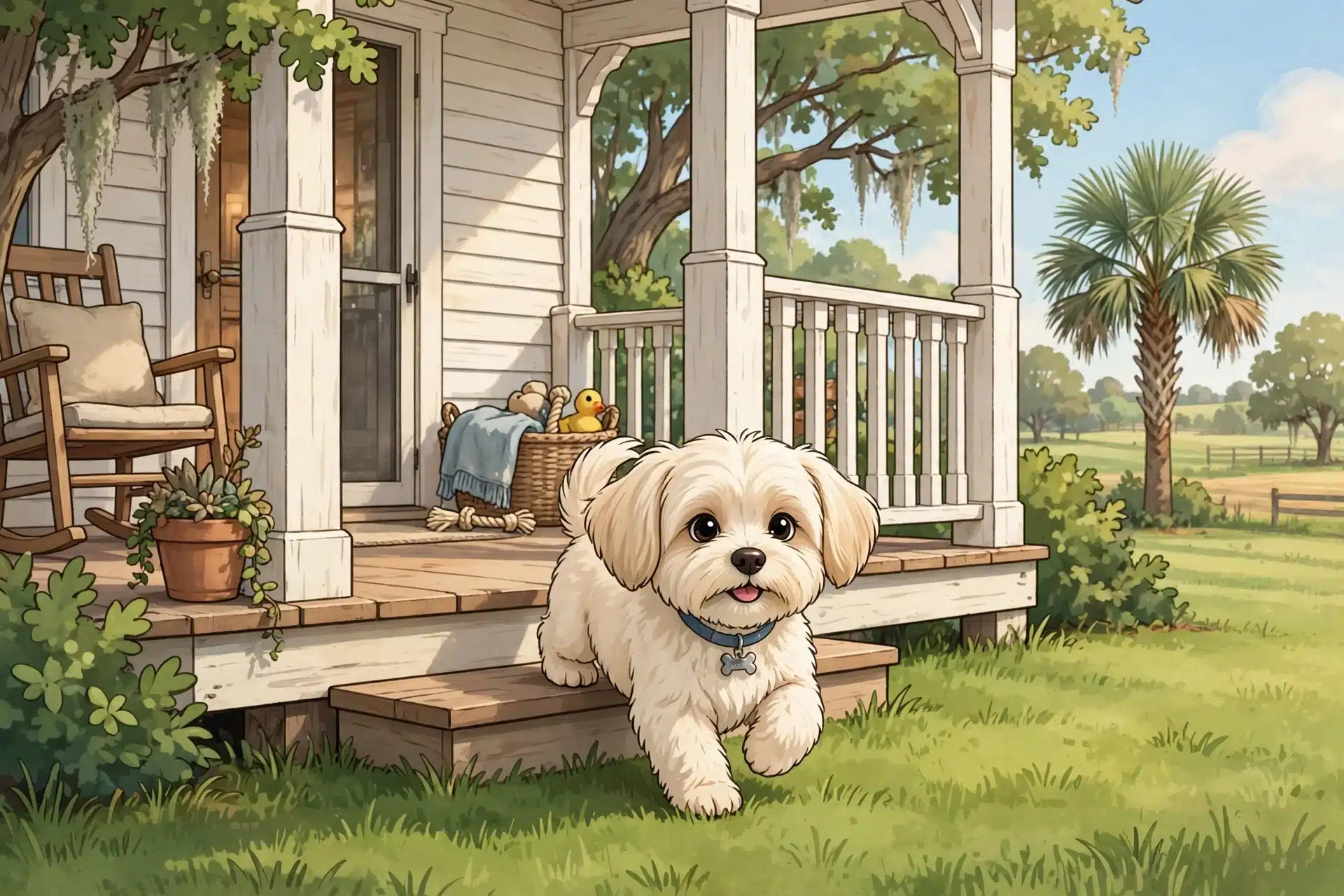 Cream Havanese puppy on farmhouse porch steps