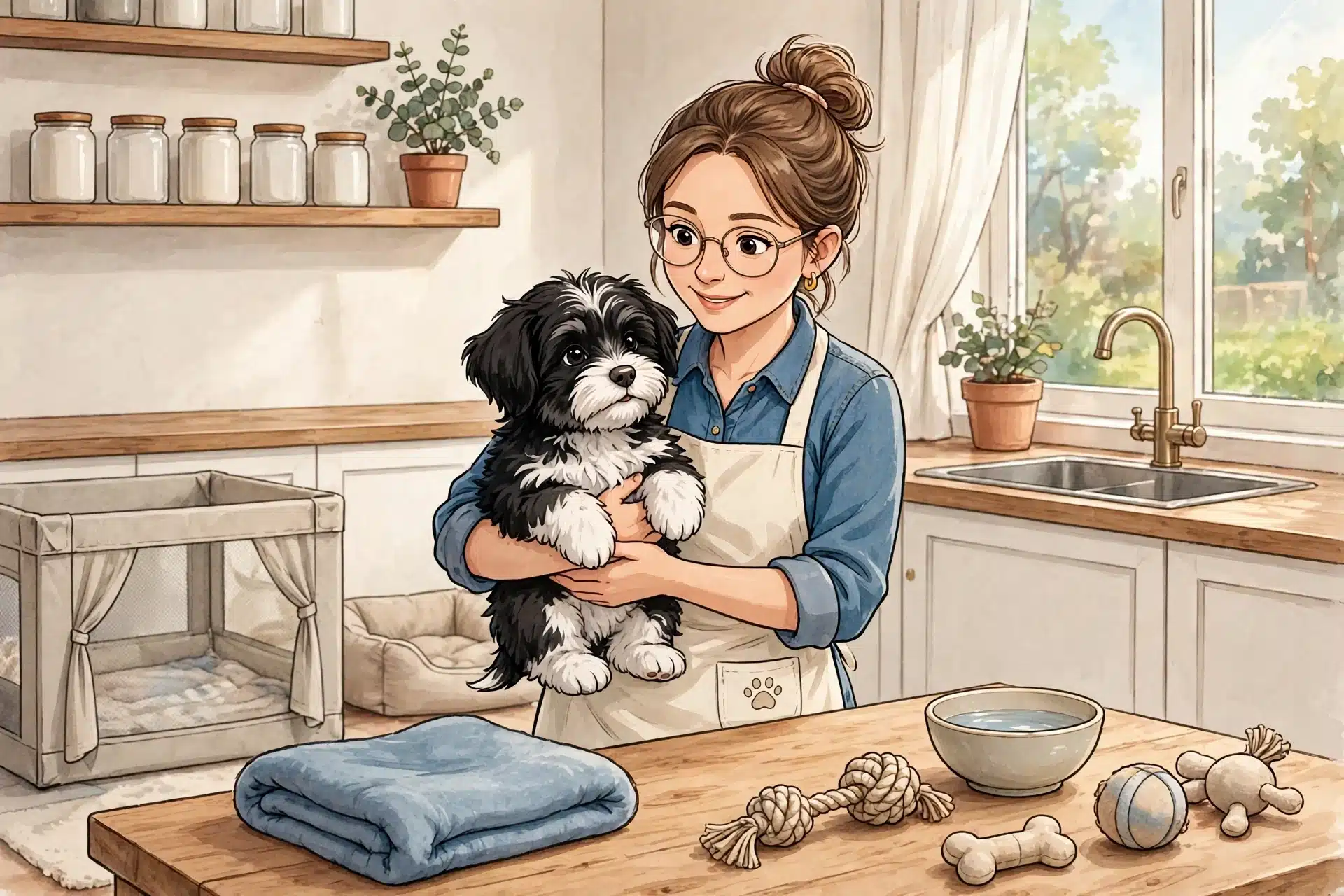 Breeder holding a Havanese puppy at a kitchen table